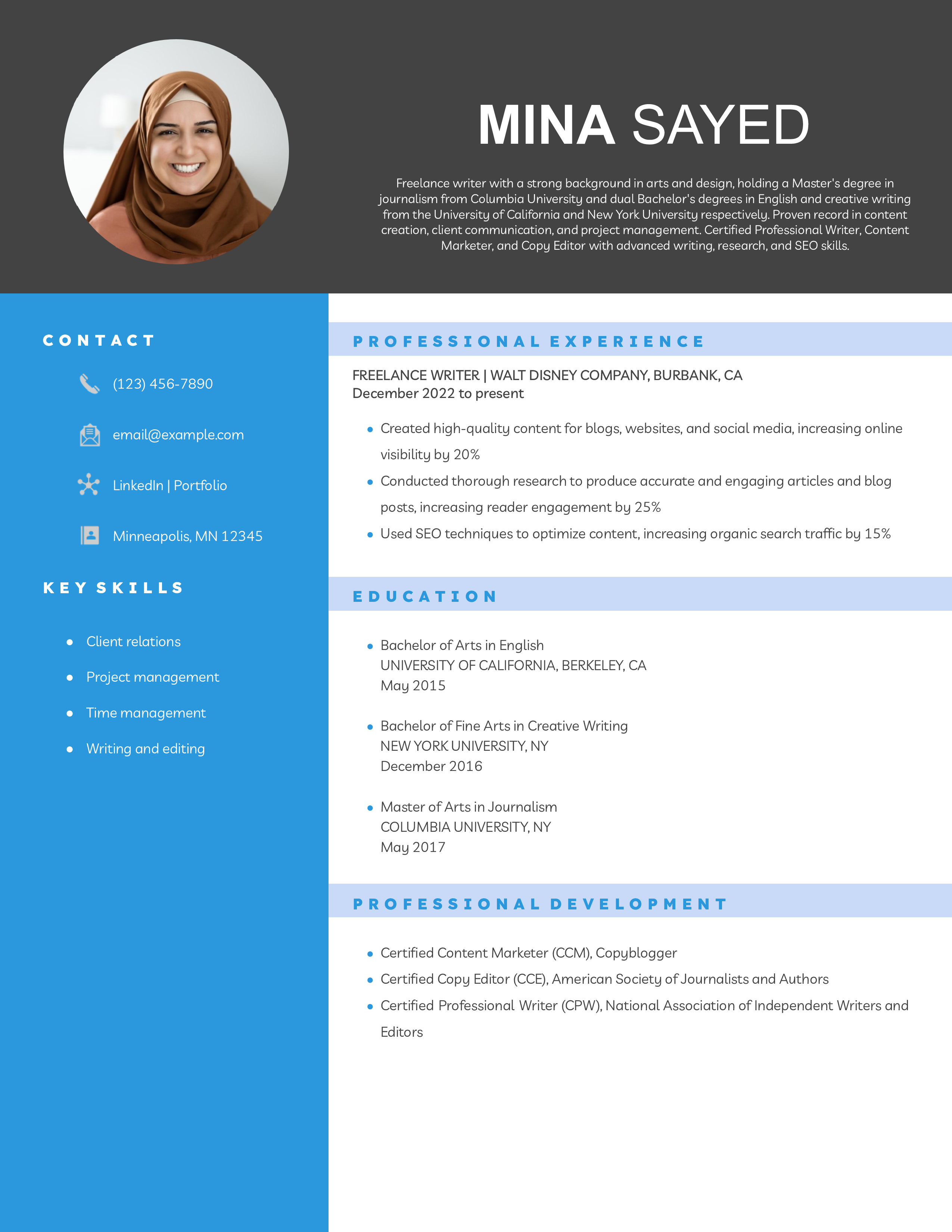 Beginner Freelance Writer Resume Example