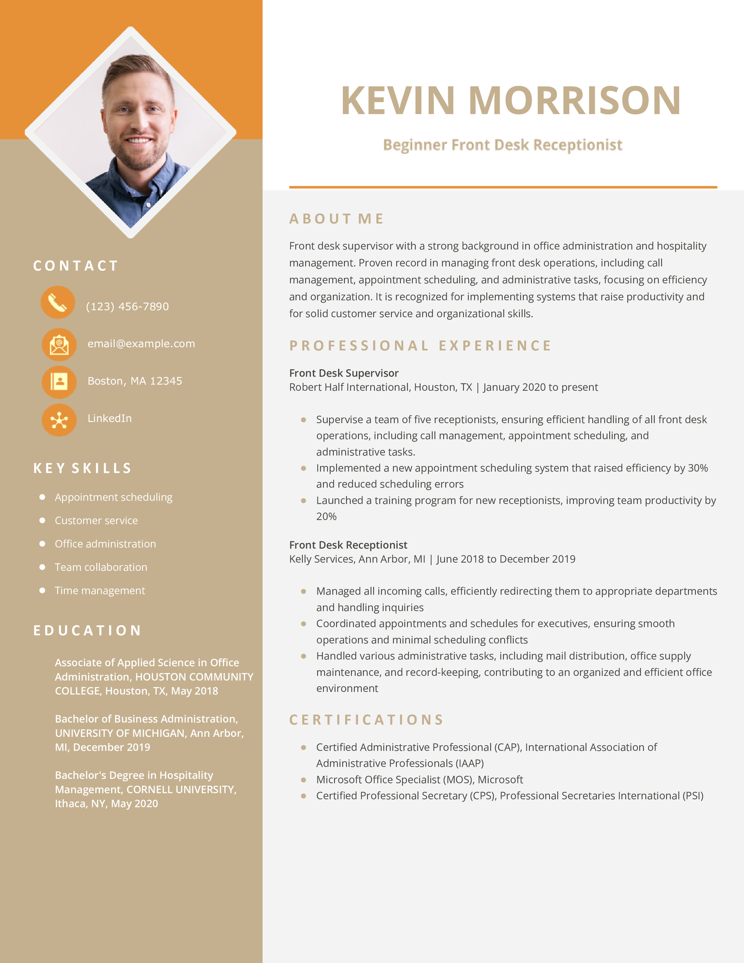 Beginner Front Desk Receptionist Resume Example