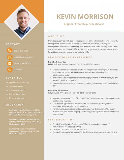 Beginner Front Desk Receptionist Resume Example