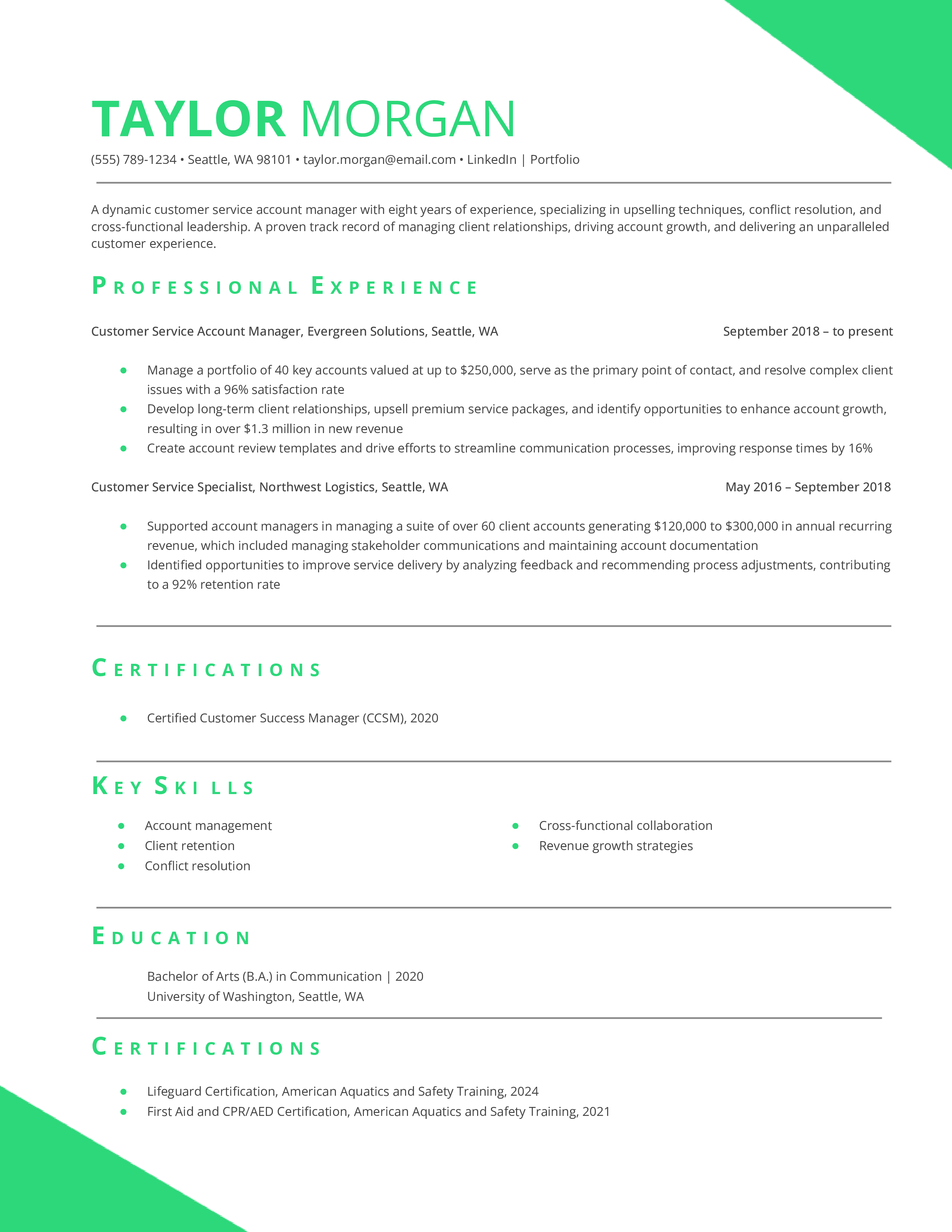 Customer Service Account Manager Resume Example