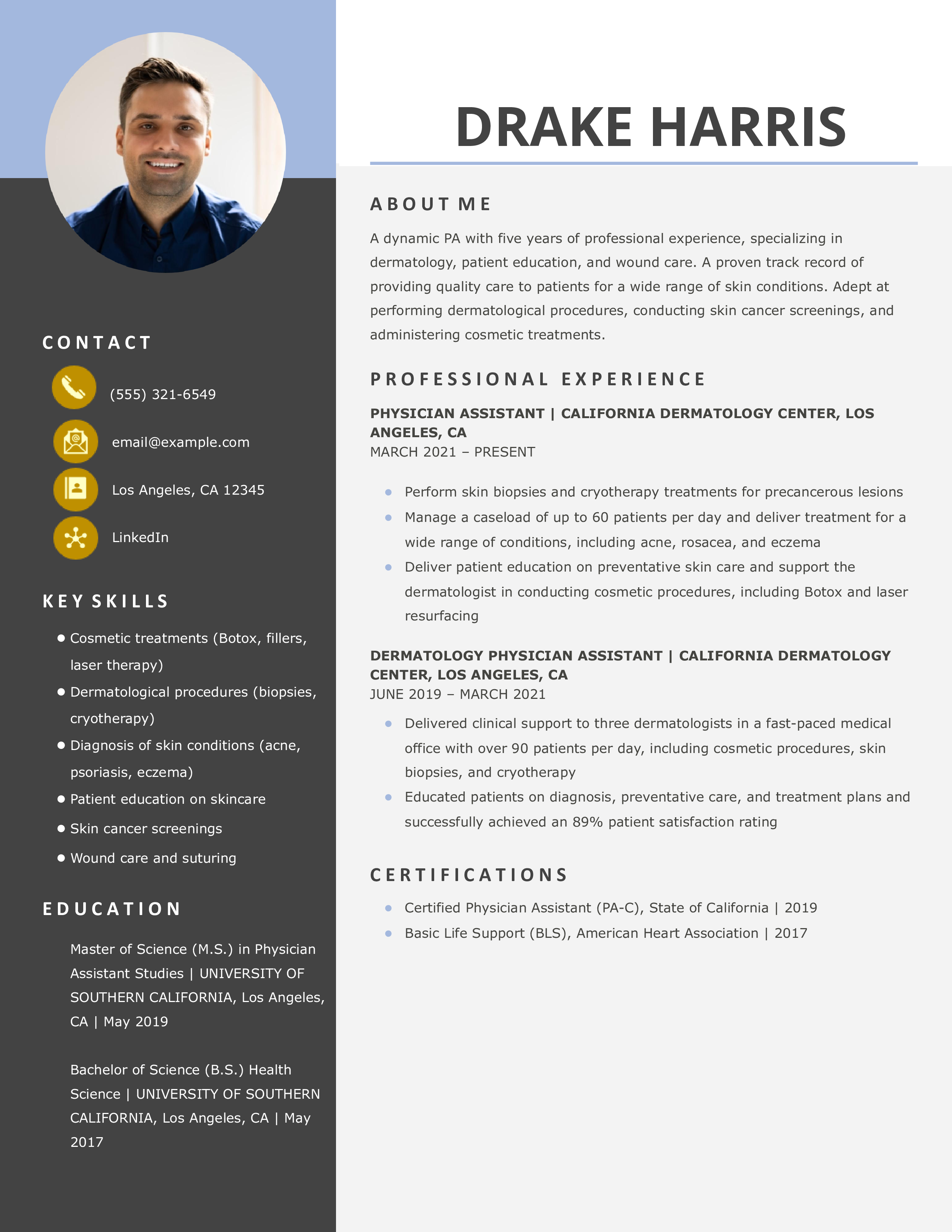 Dermatology Physician Assistant Resume Example
