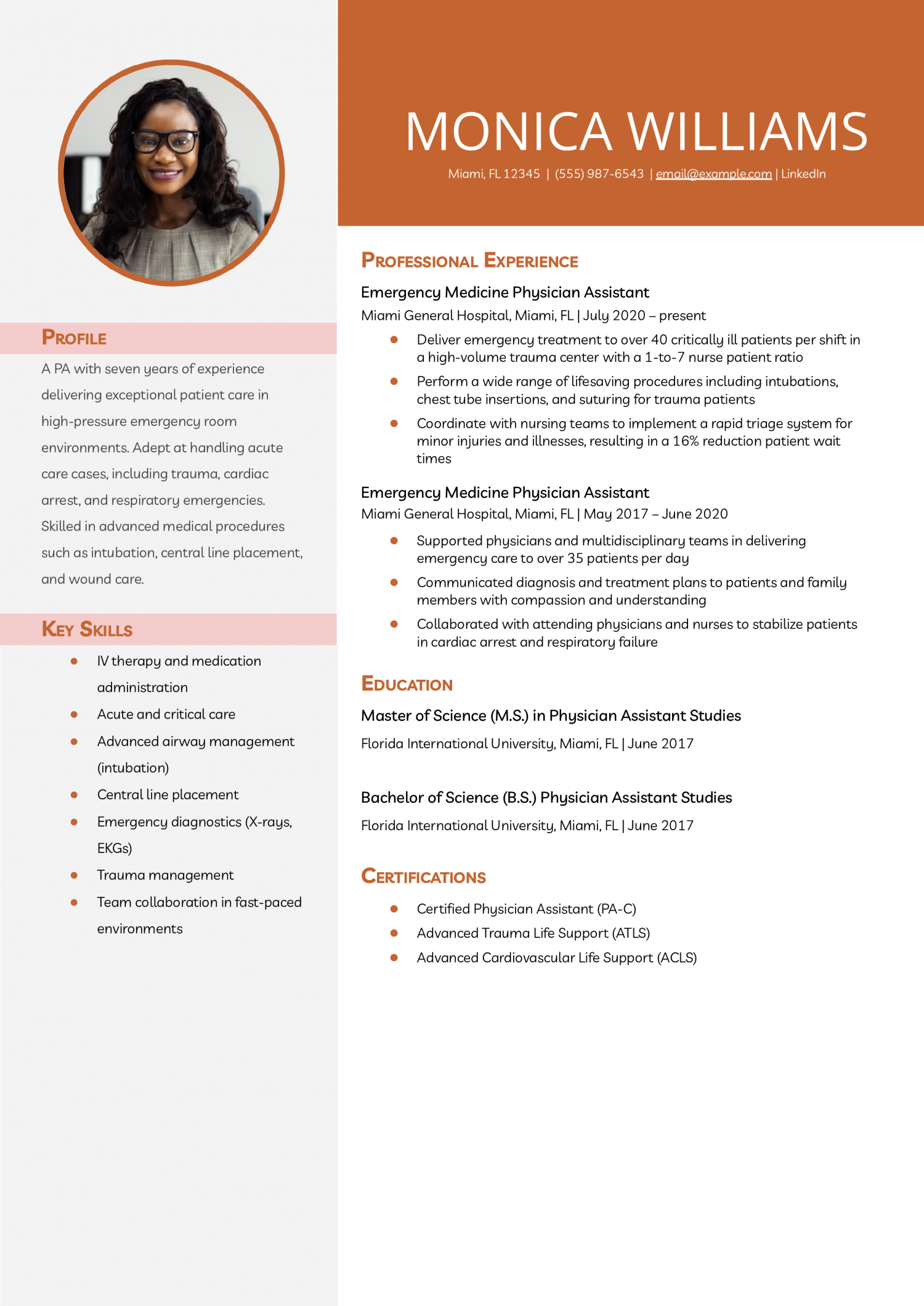 Emergency Medicine Physician Assistant Resume Example