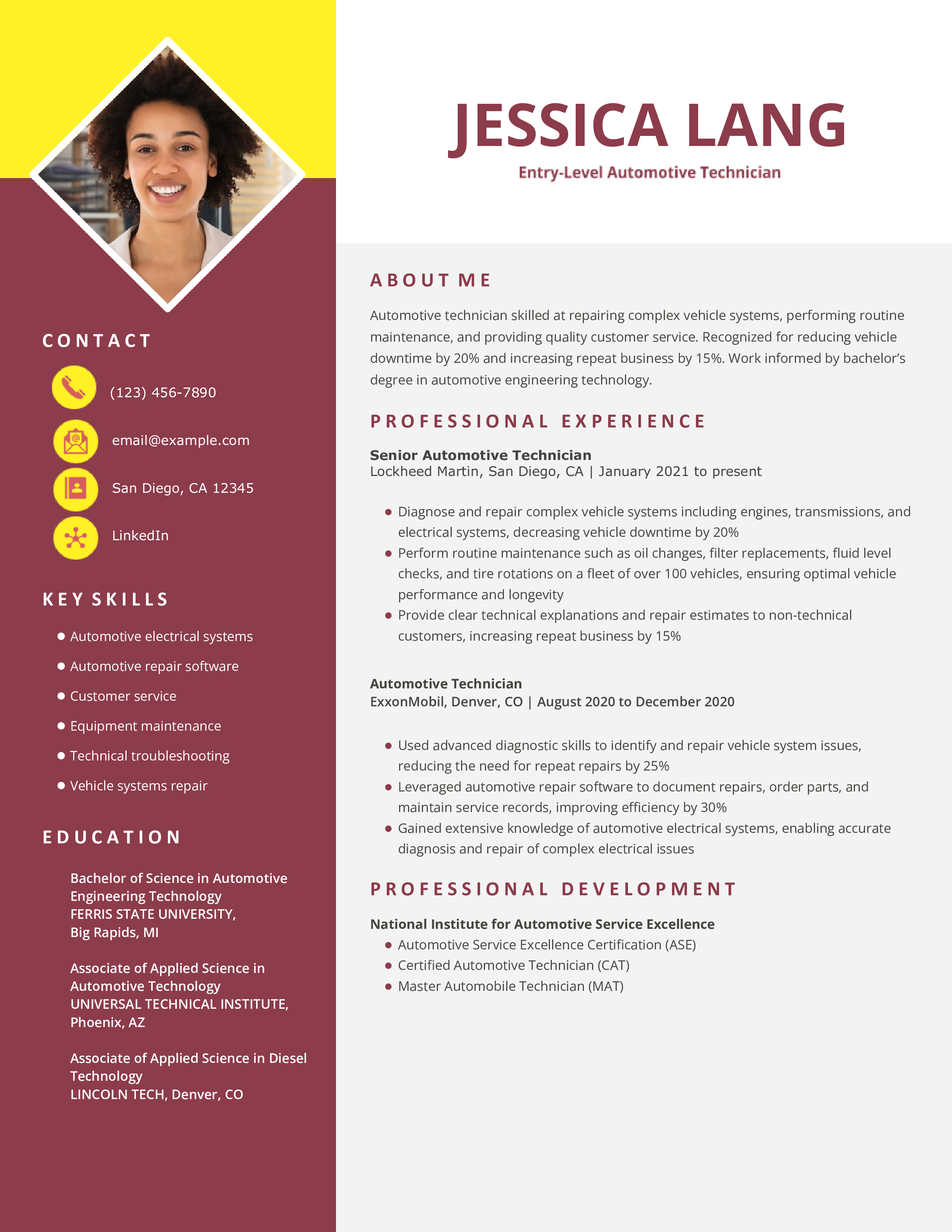 Entry-Level Automotive Technician Resume Example