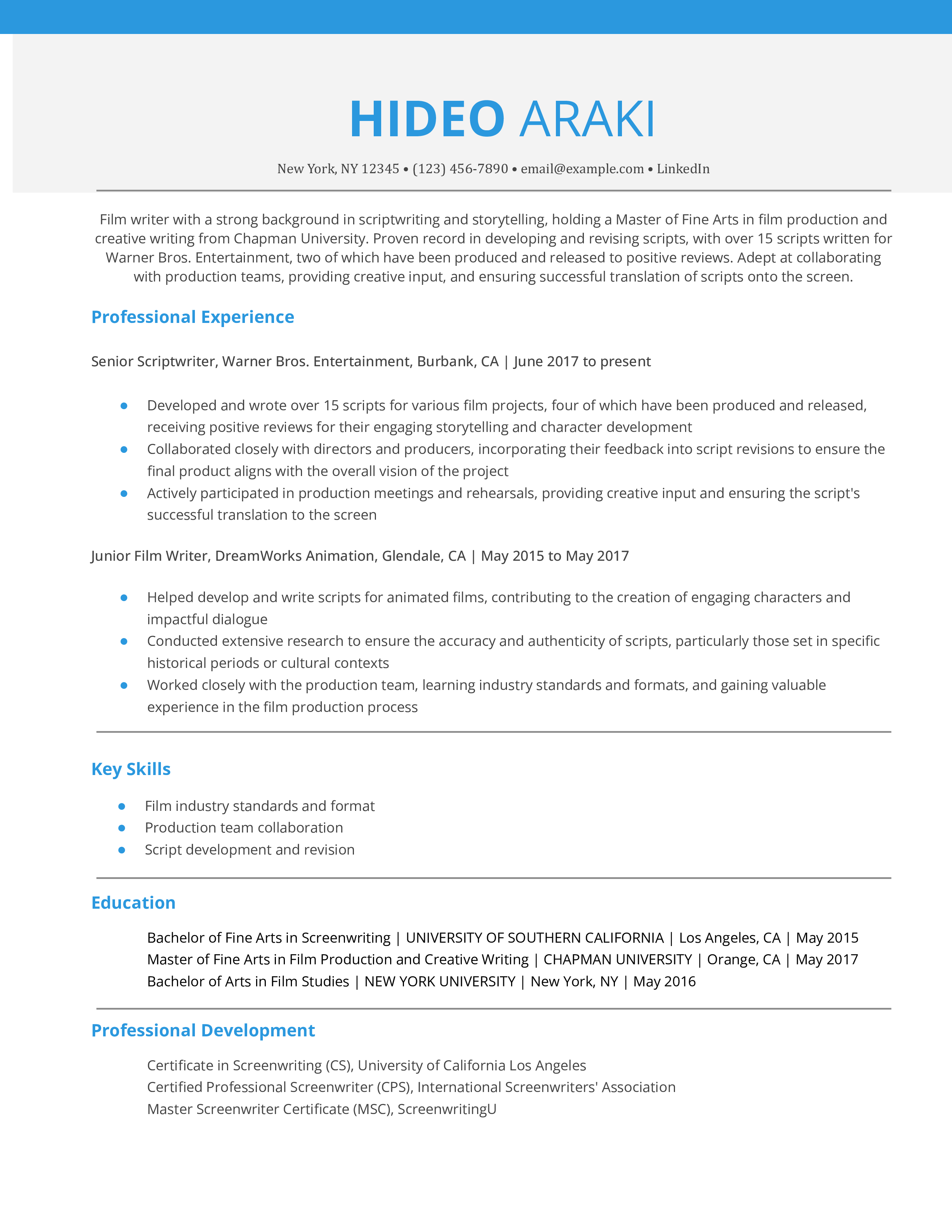Film Writer Resume Example