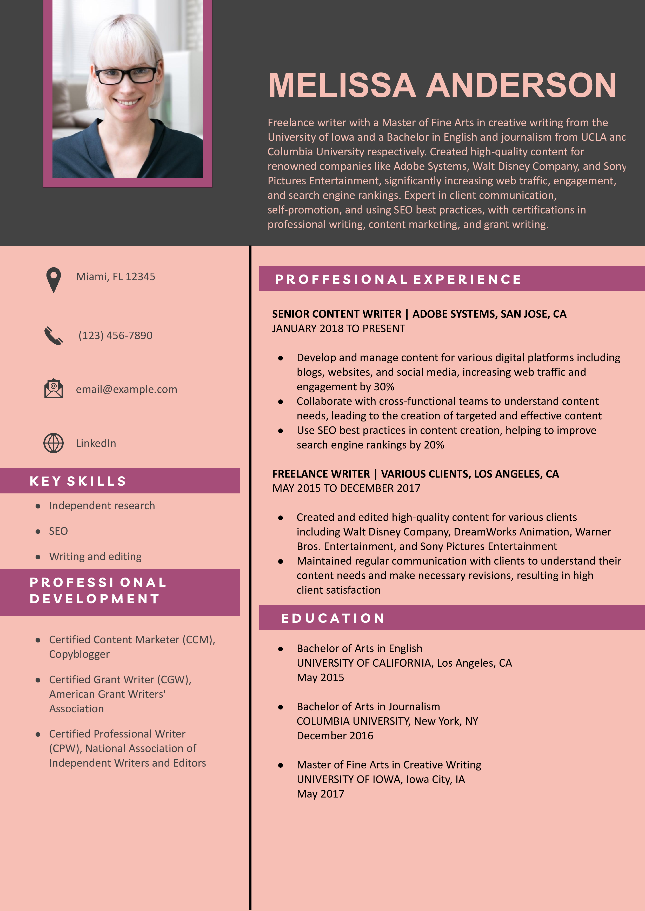 Freelance Writer Resume Example