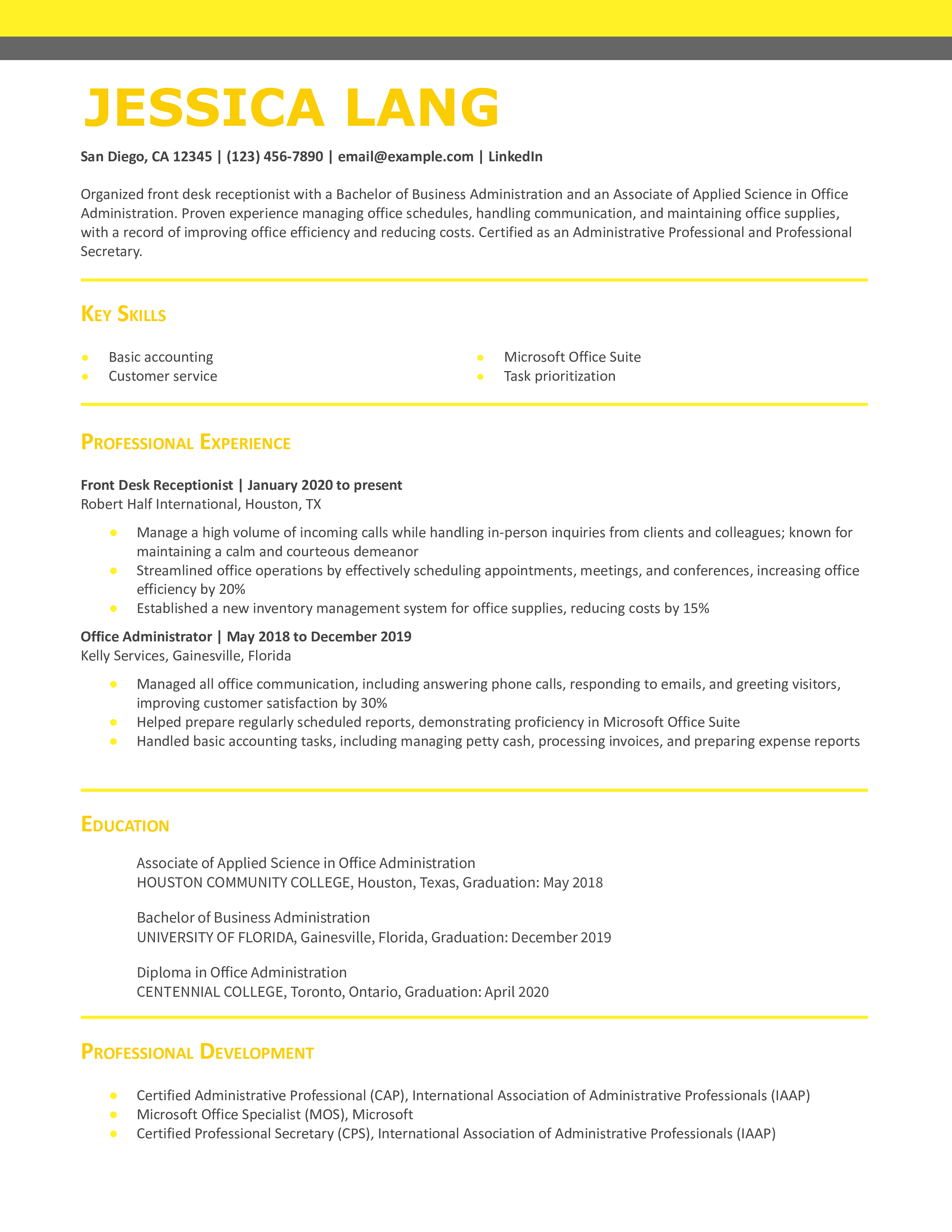 Front Desk Receptionist Resume Example