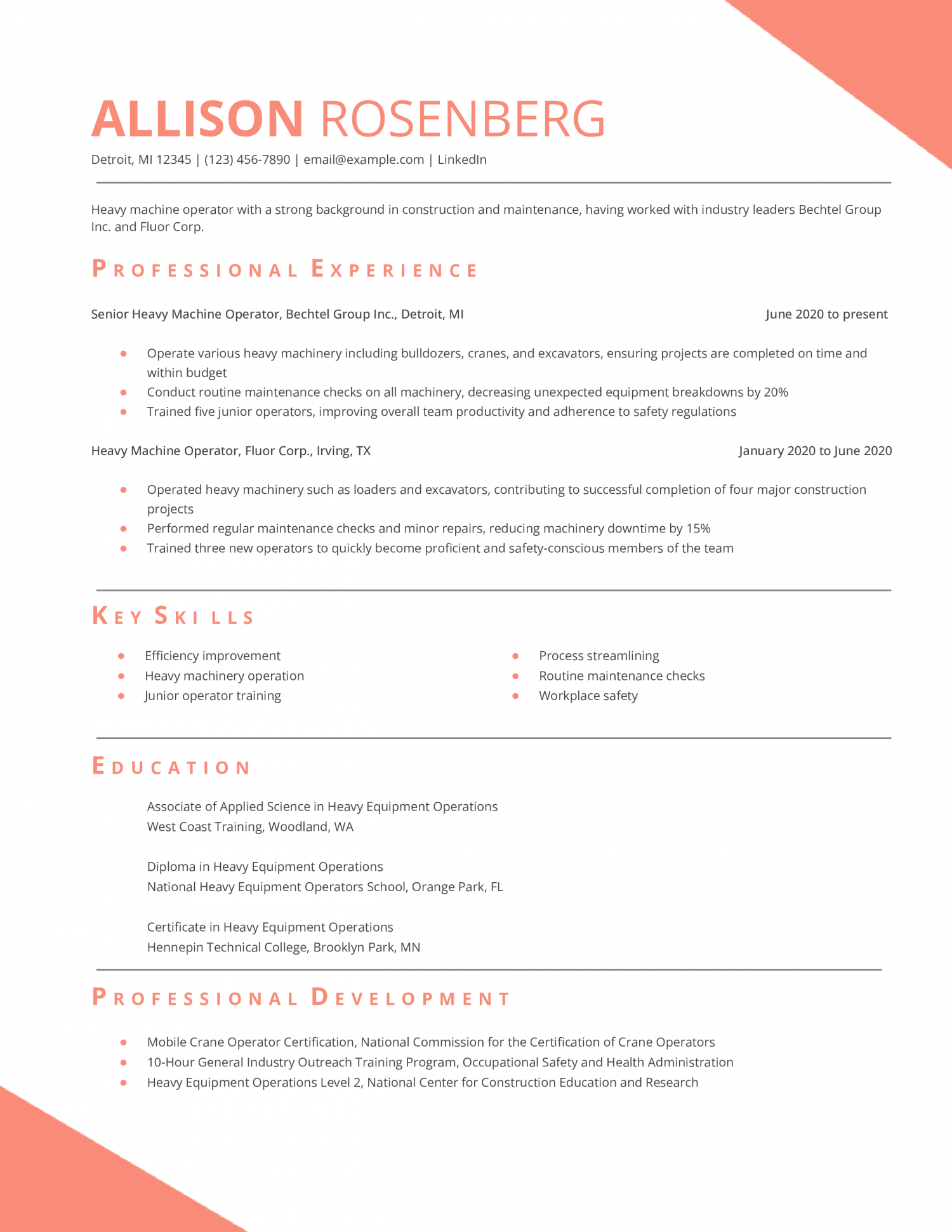 Heavy Machine Operator Resume Example