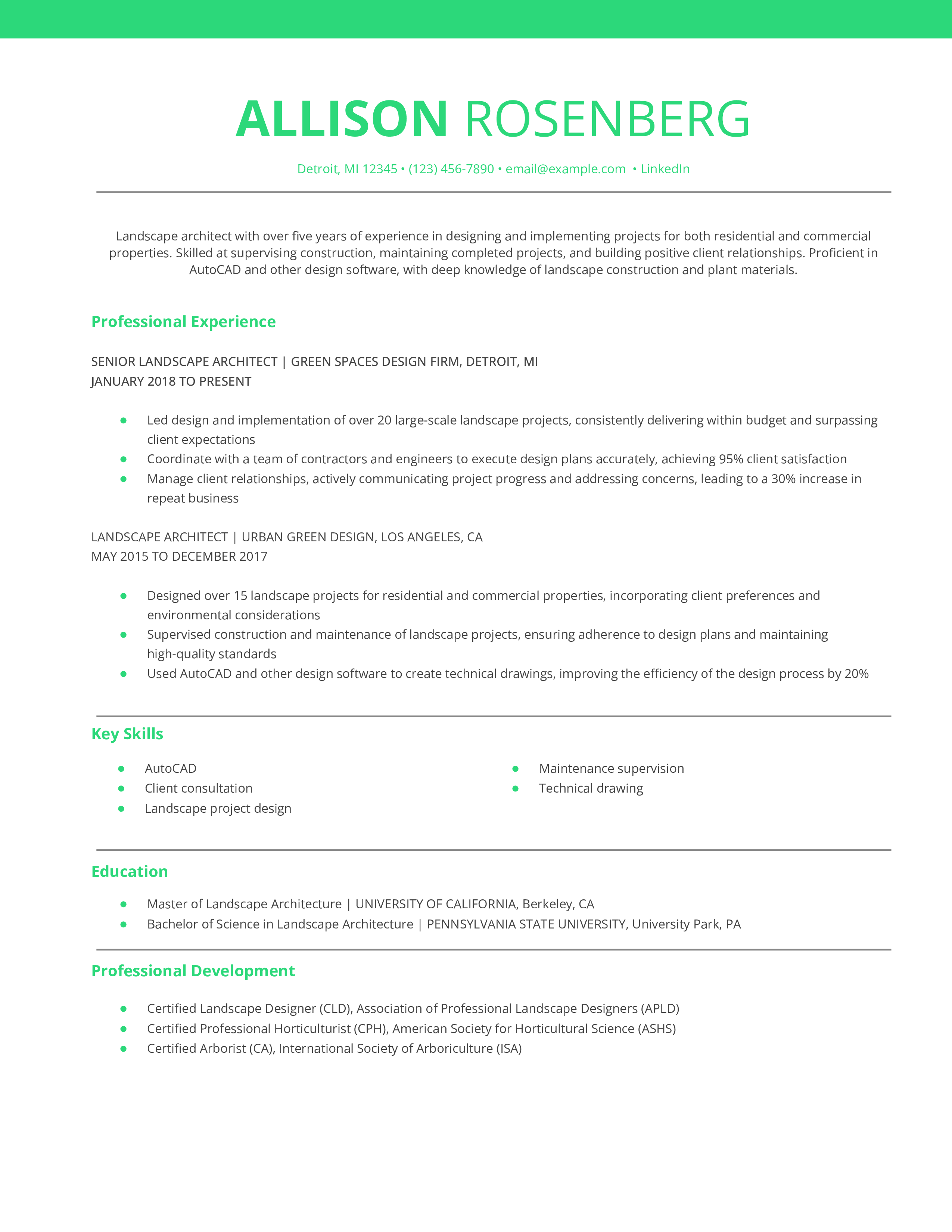 Landscape Architect Resume Example