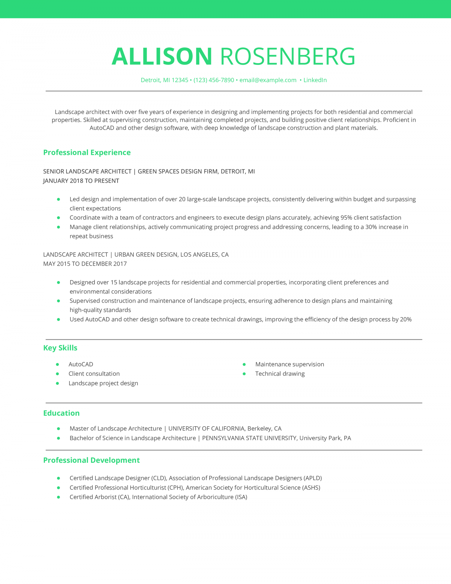 Landscape Architect Resume Example