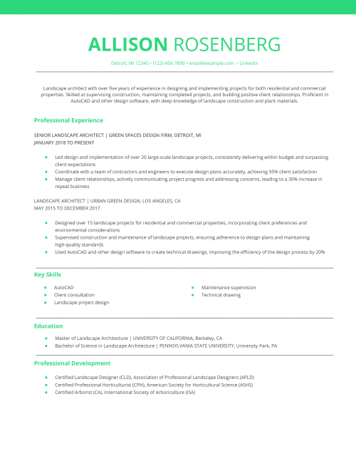 Landscape Architect Resume Example