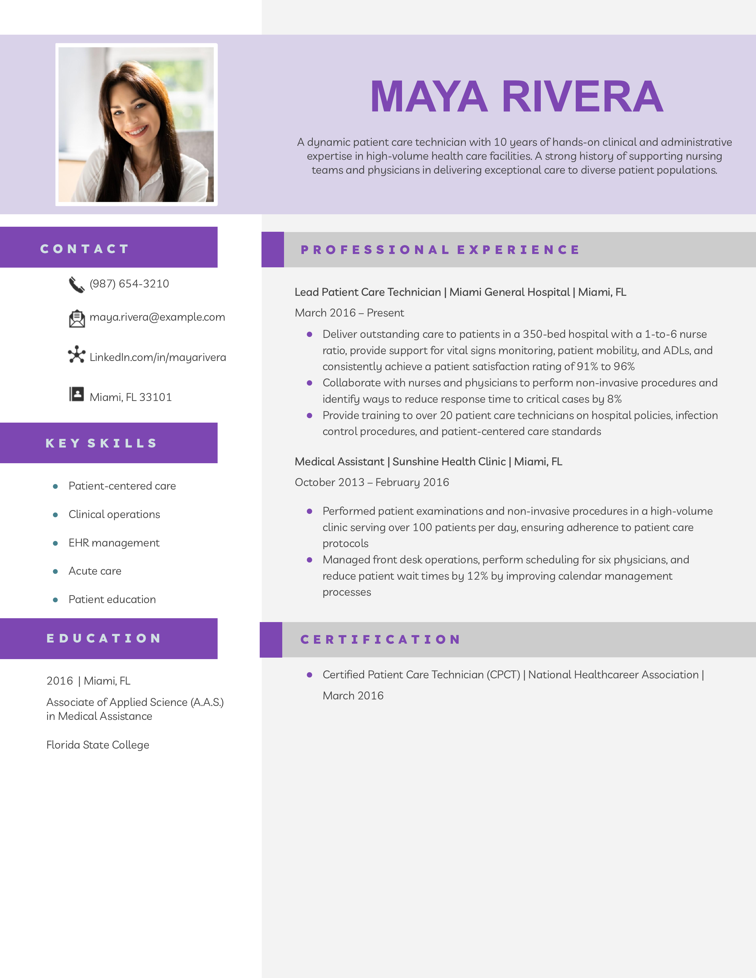 Lead Patient Care Technician Resume Example