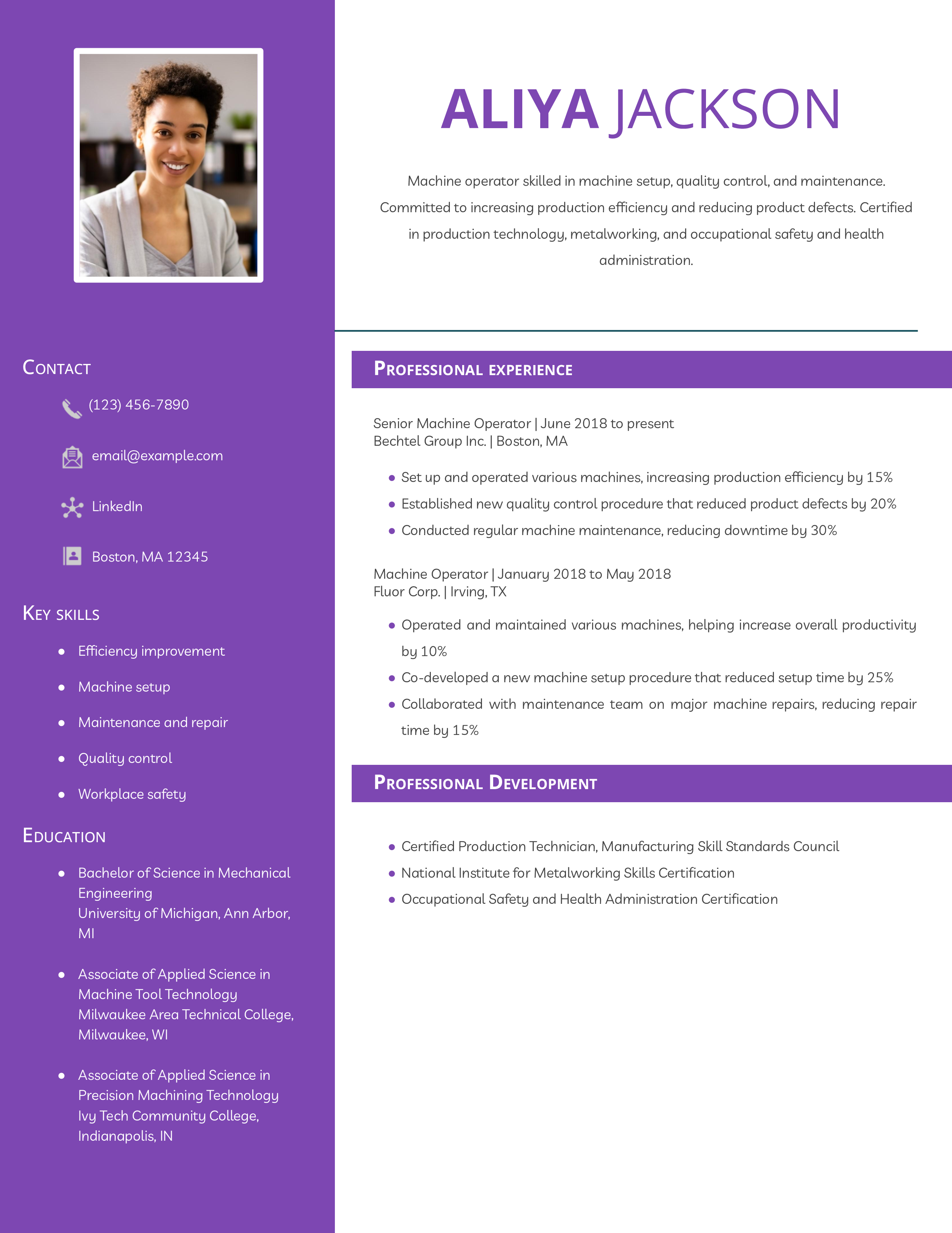 Machine Operator Resume Example