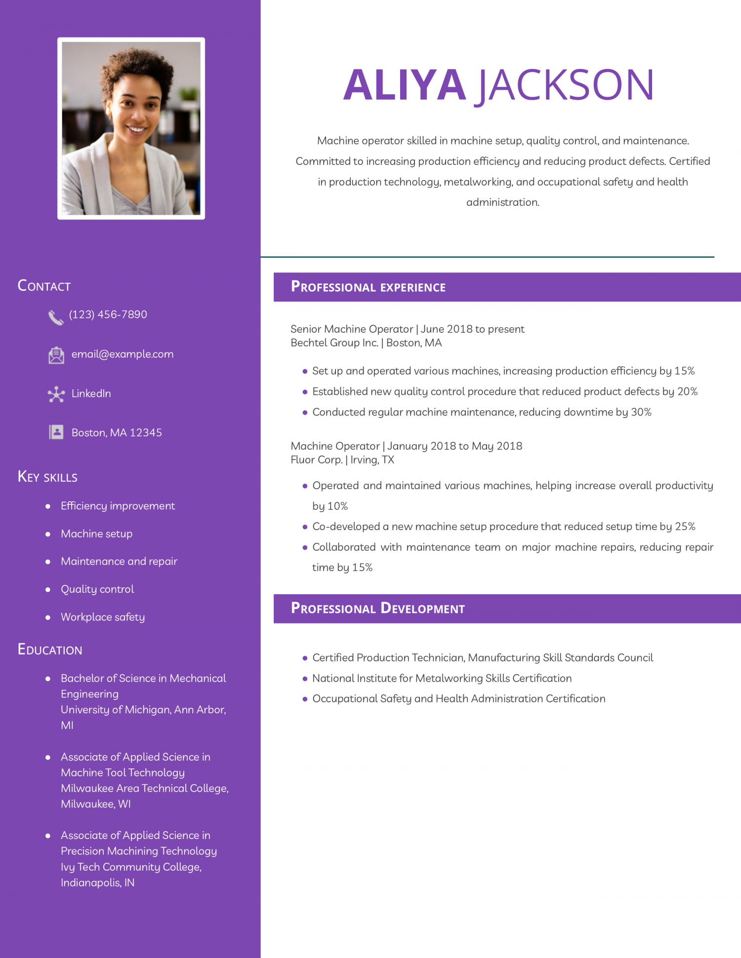 Machine Operator Resume Example