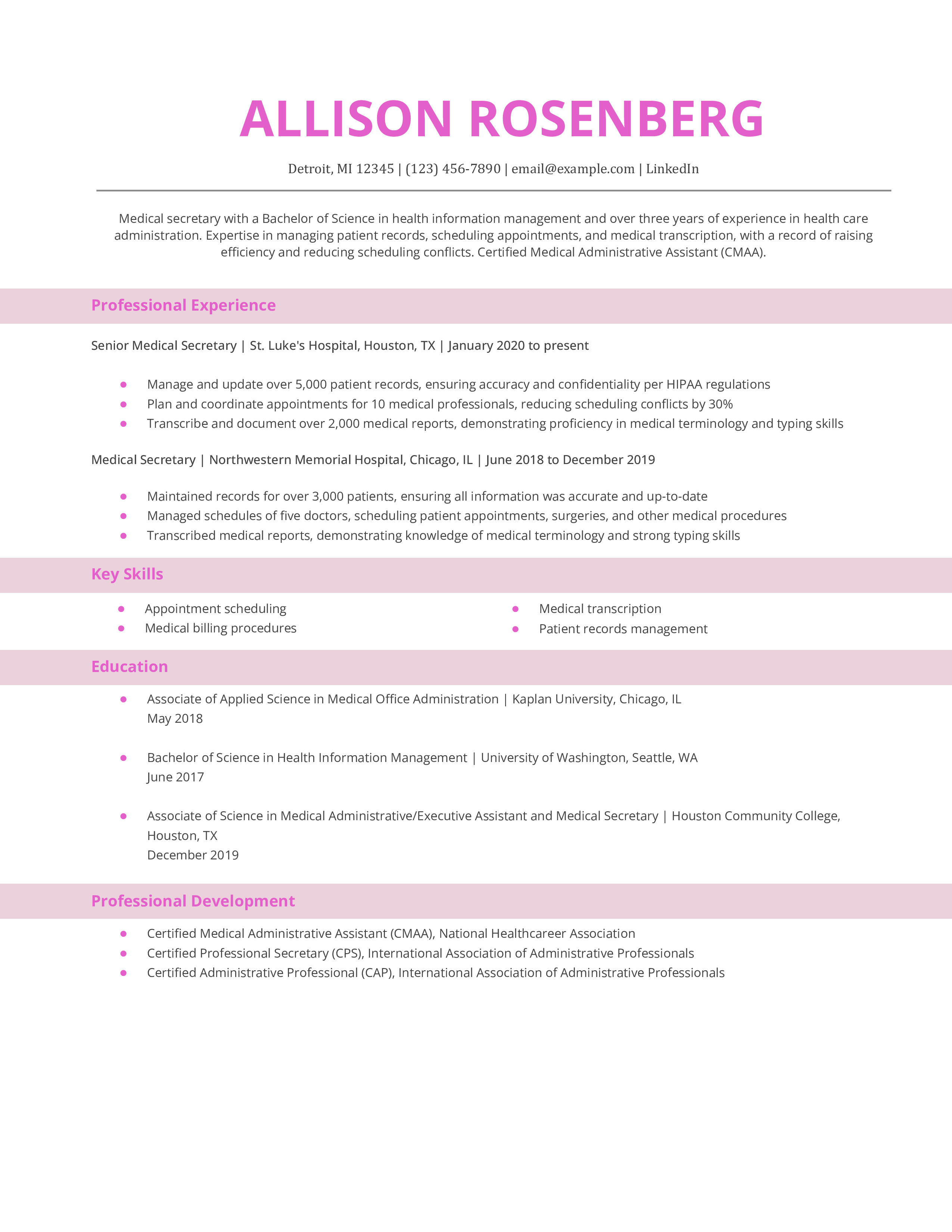 Medical Secretary Resume Example