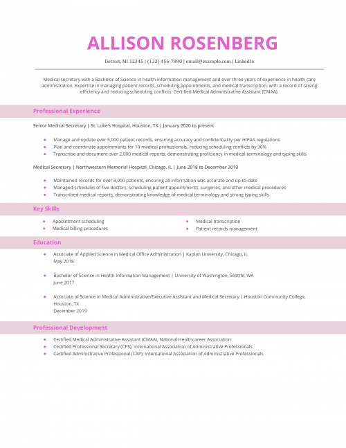 Medical Secretary Resume Example