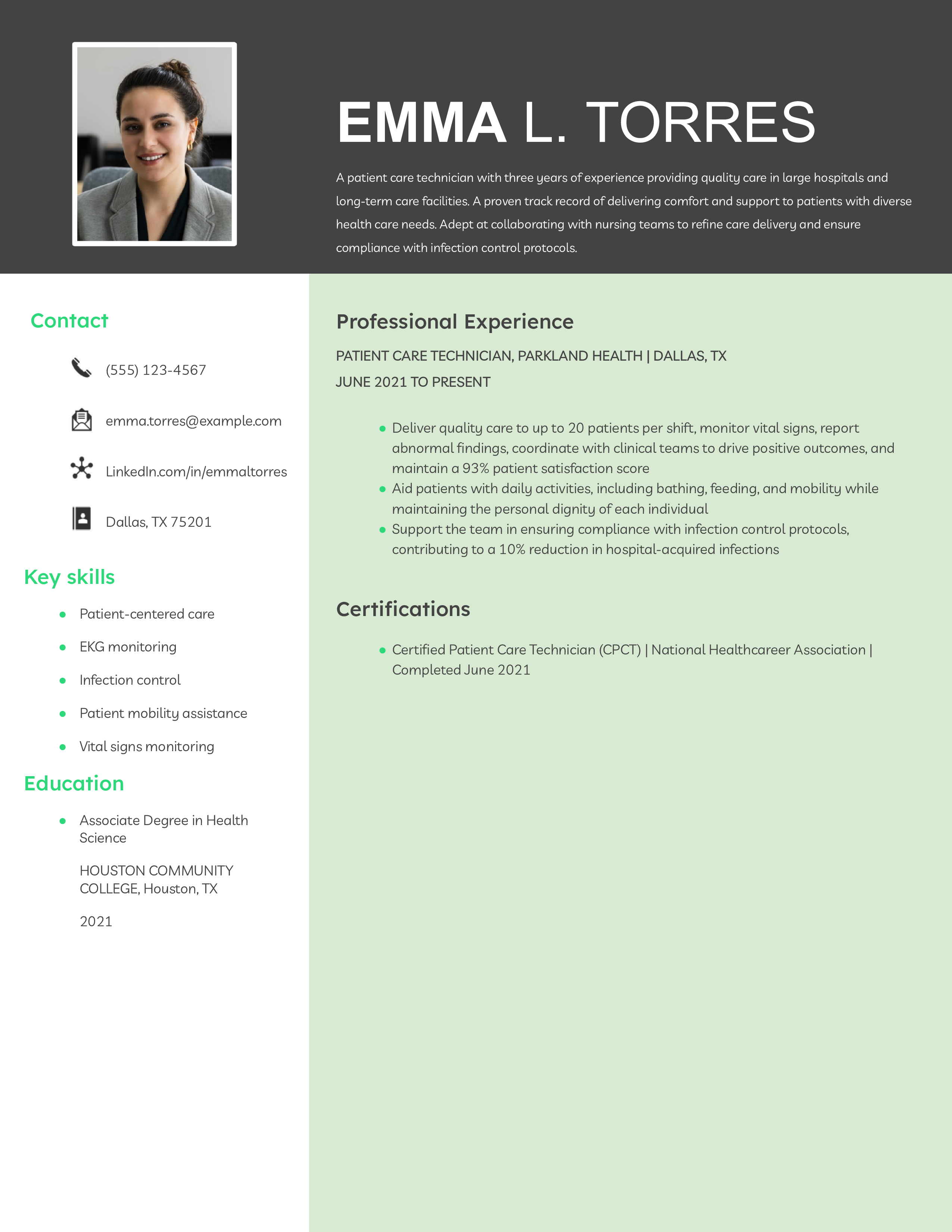Patient Care Technician Nursing Student Resume Example