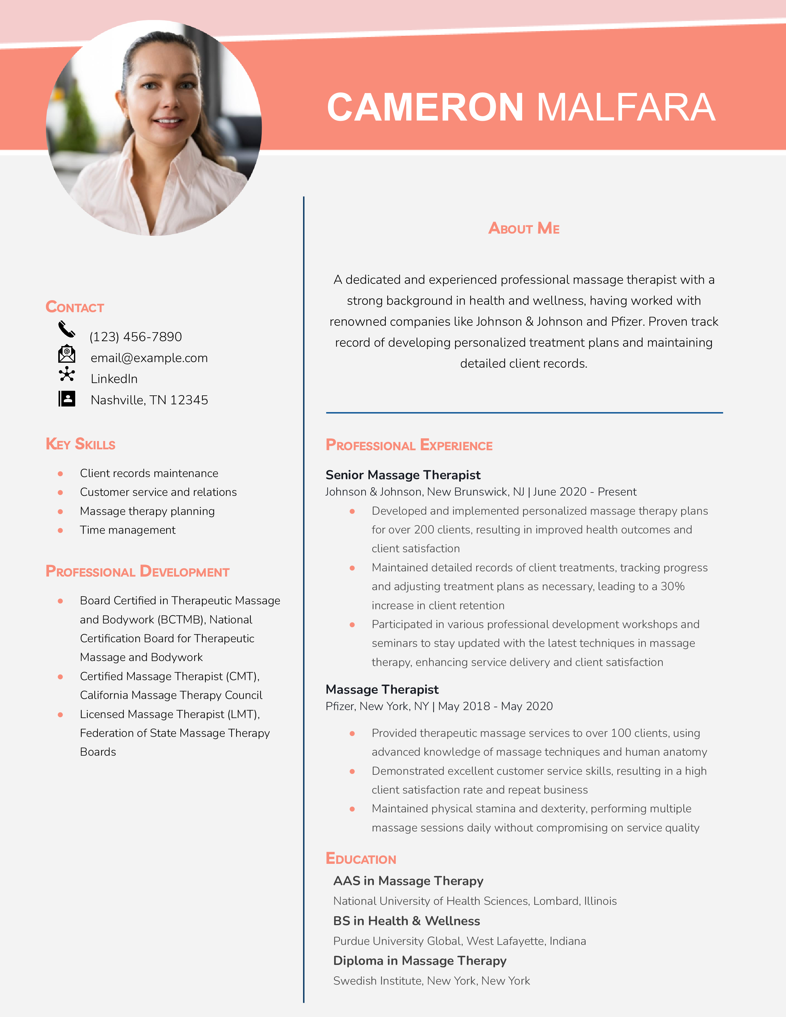 Professional Massage Therapist Resume Example