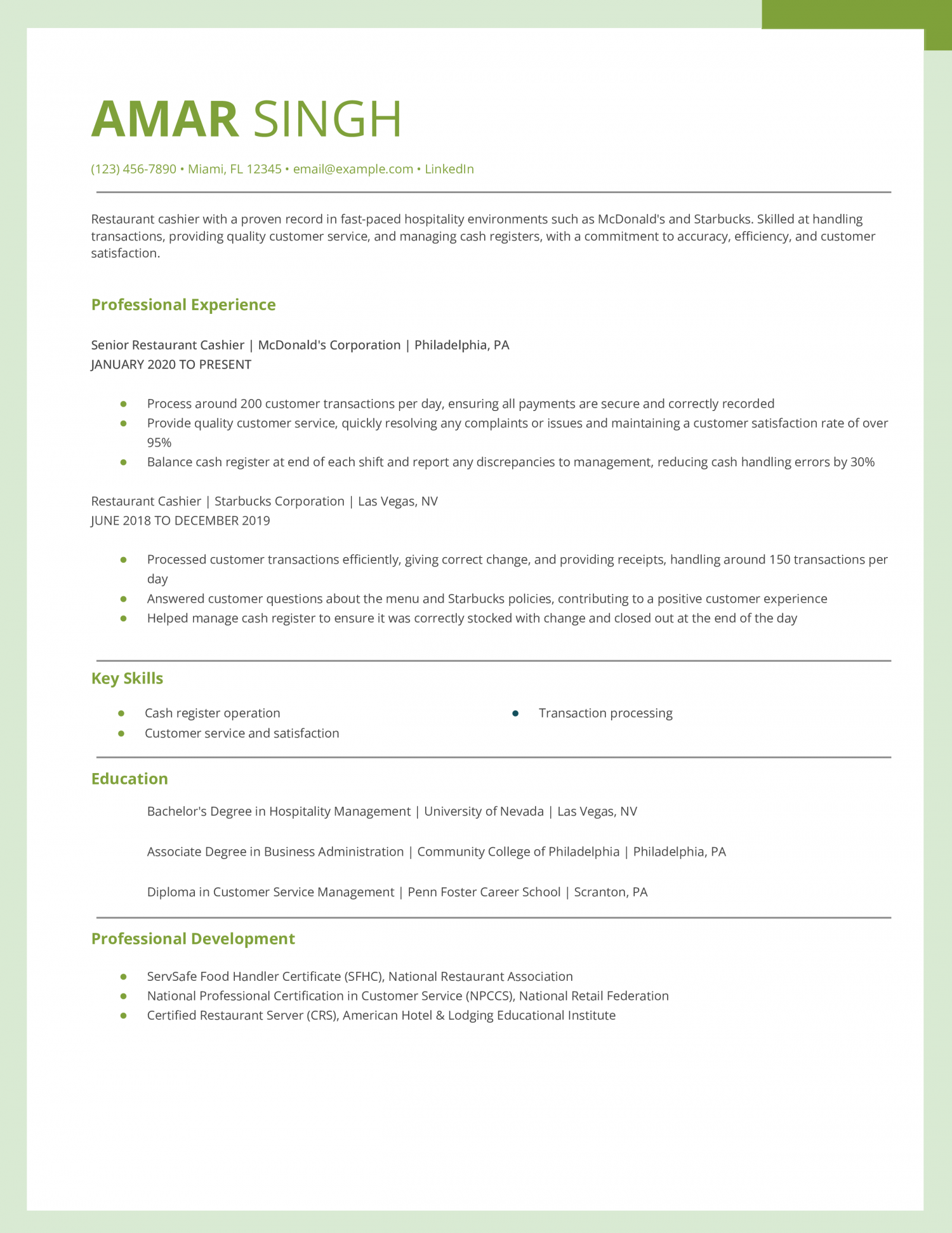 Restaurant Cashier Resume Example