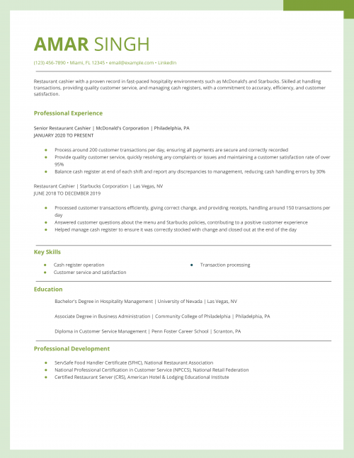 Restaurant Cashier Resume Example