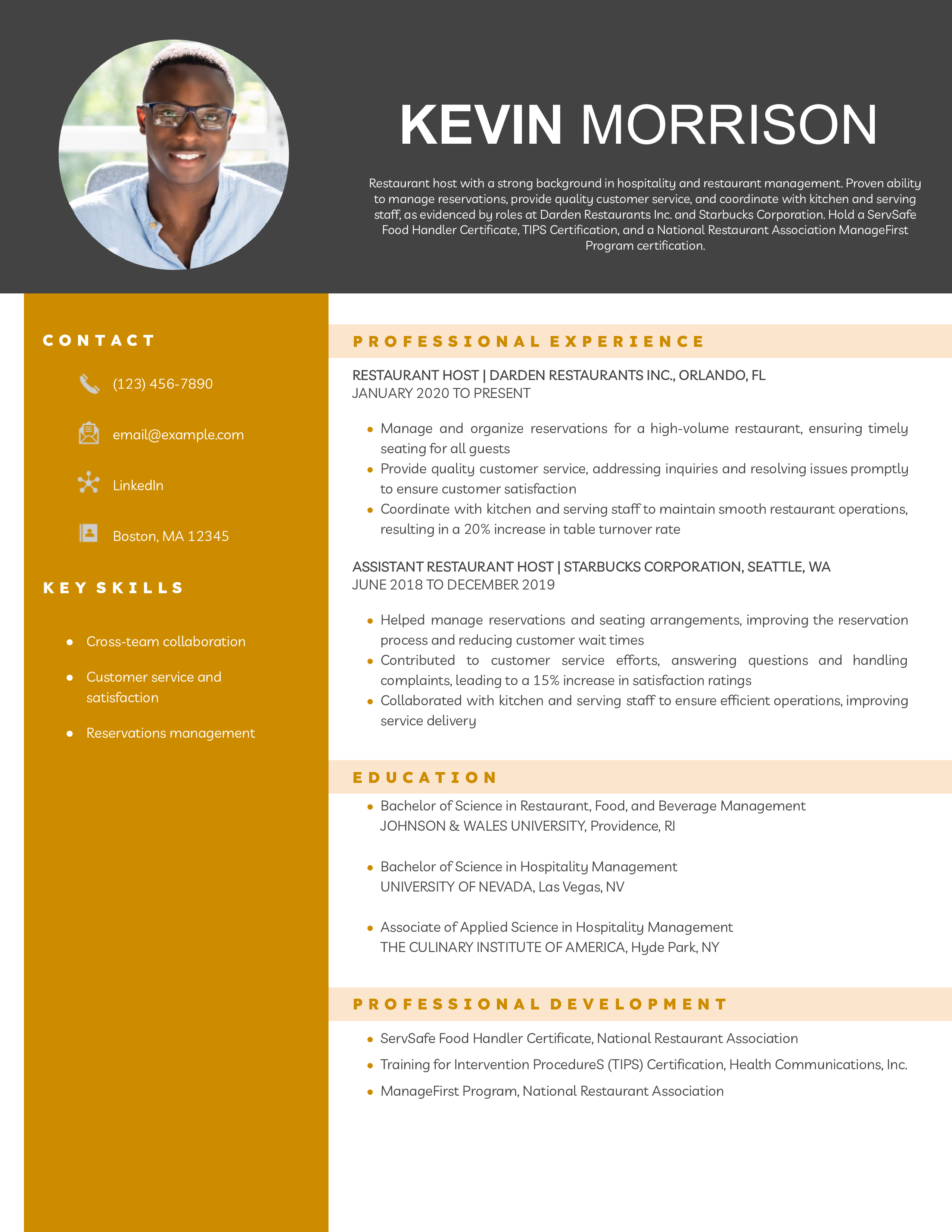 Restaurant Host Resume Example