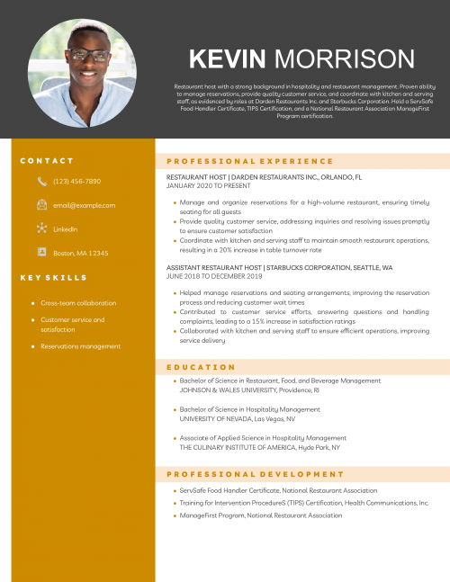 Restaurant Host Resume Example