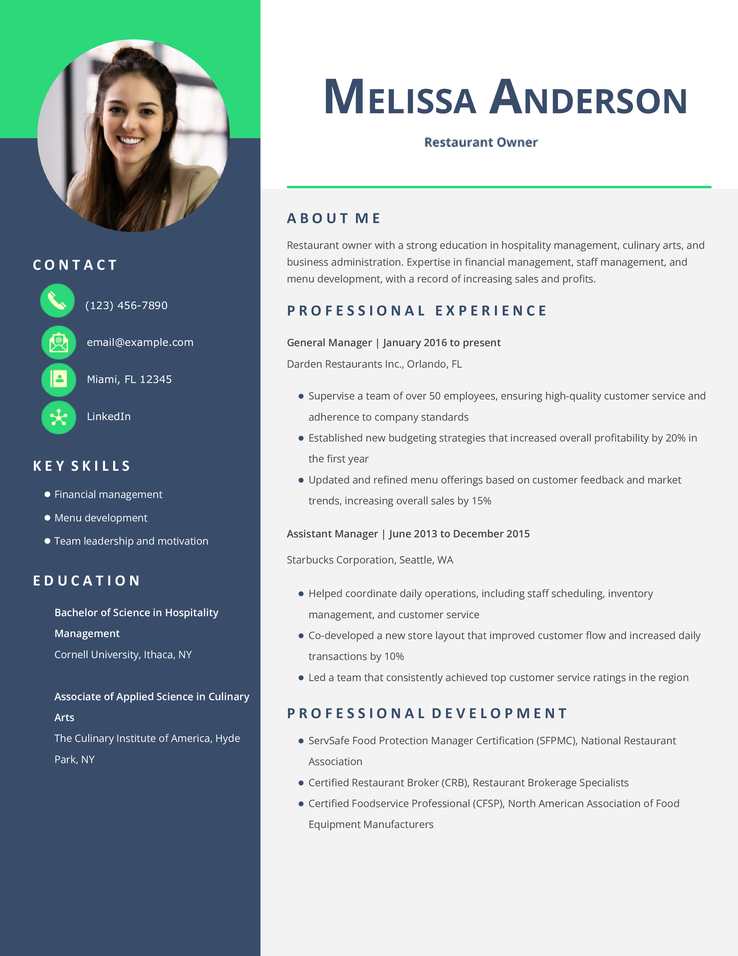 Restaurant Owner Resume Example