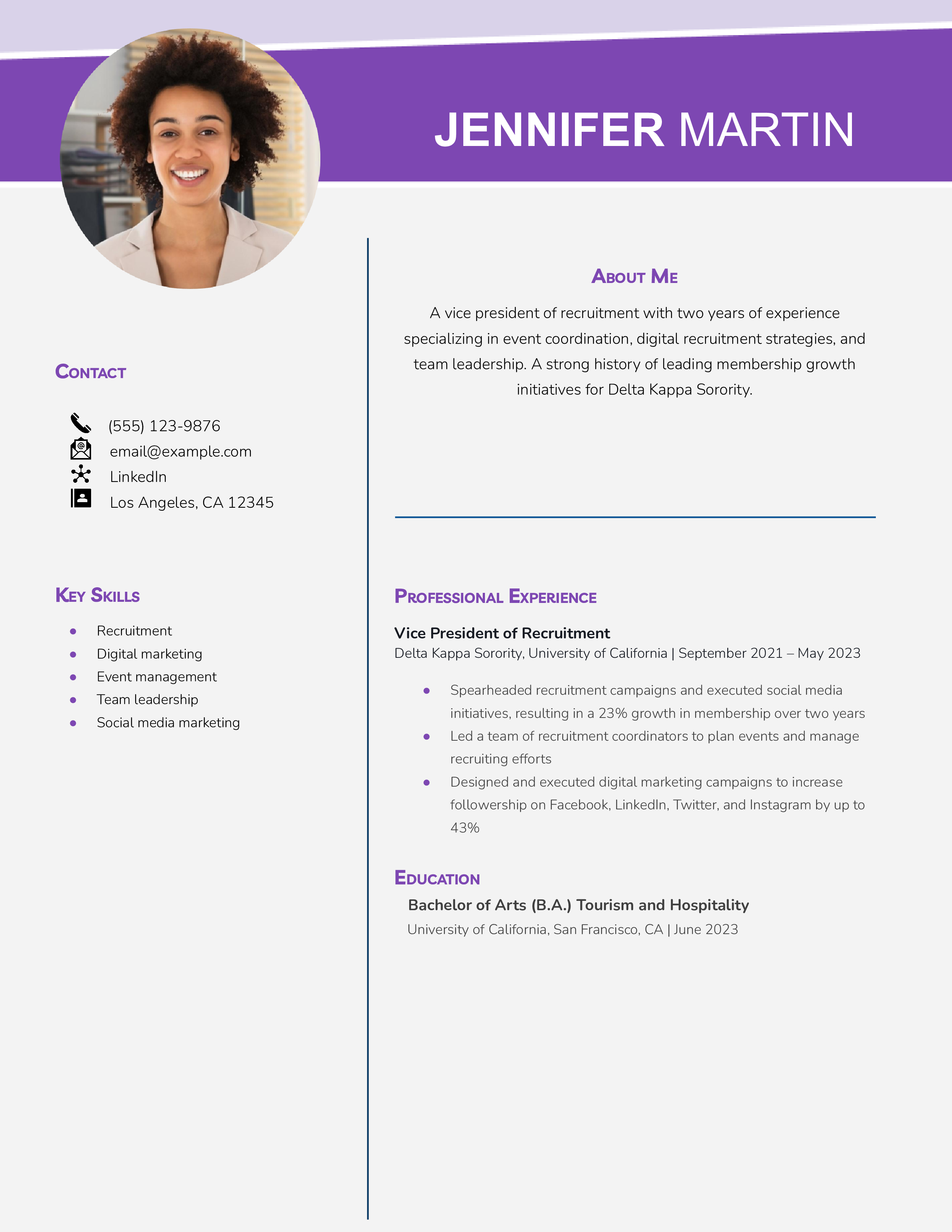 Sorority Vice President of Recruitment Resume Example