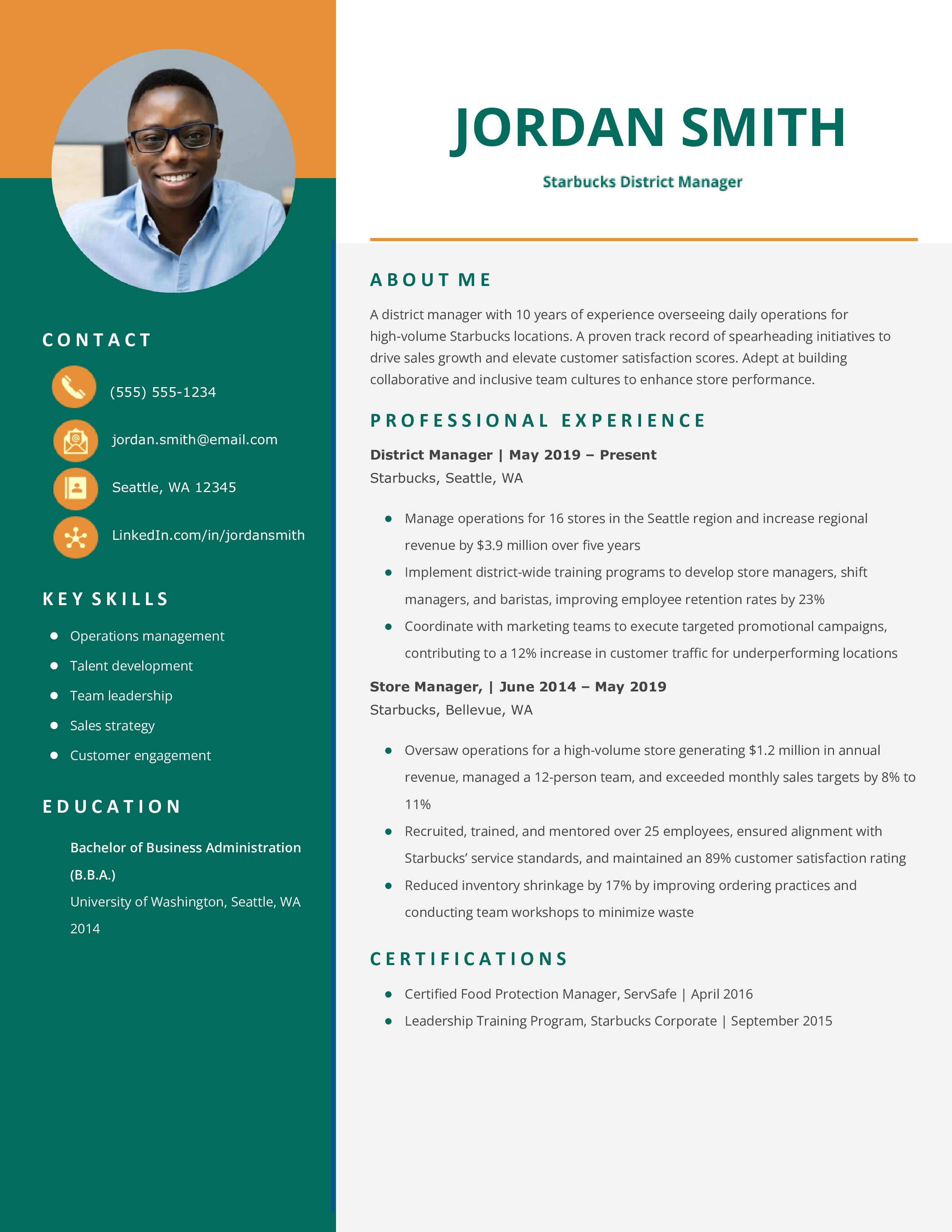 Starbucks District Manager Resume Example