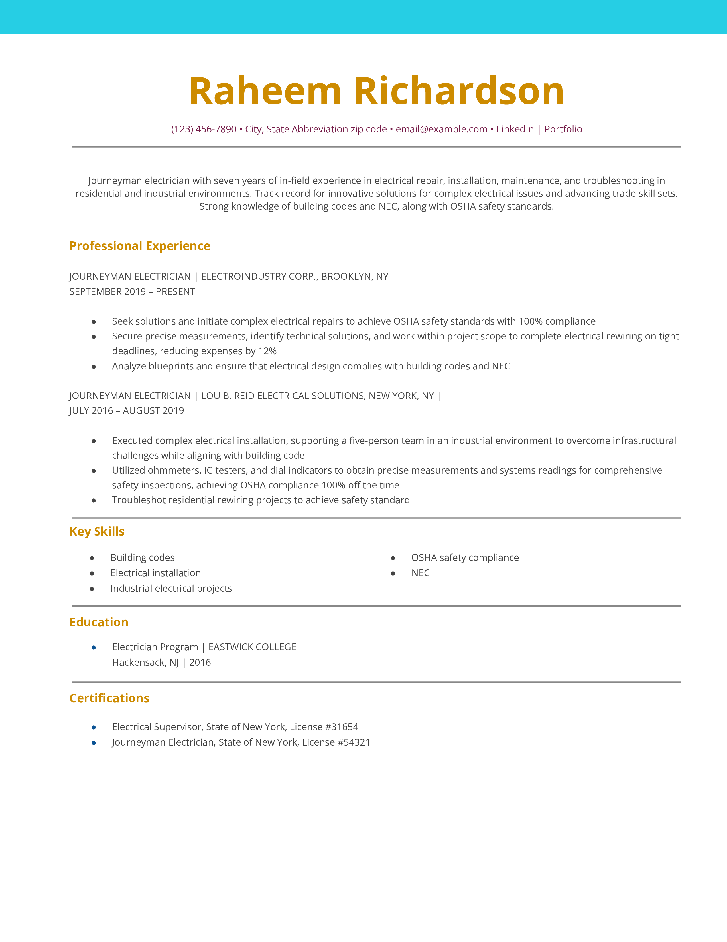 ATS Friendly Electrician Resume Template Example (file _ make a copy)