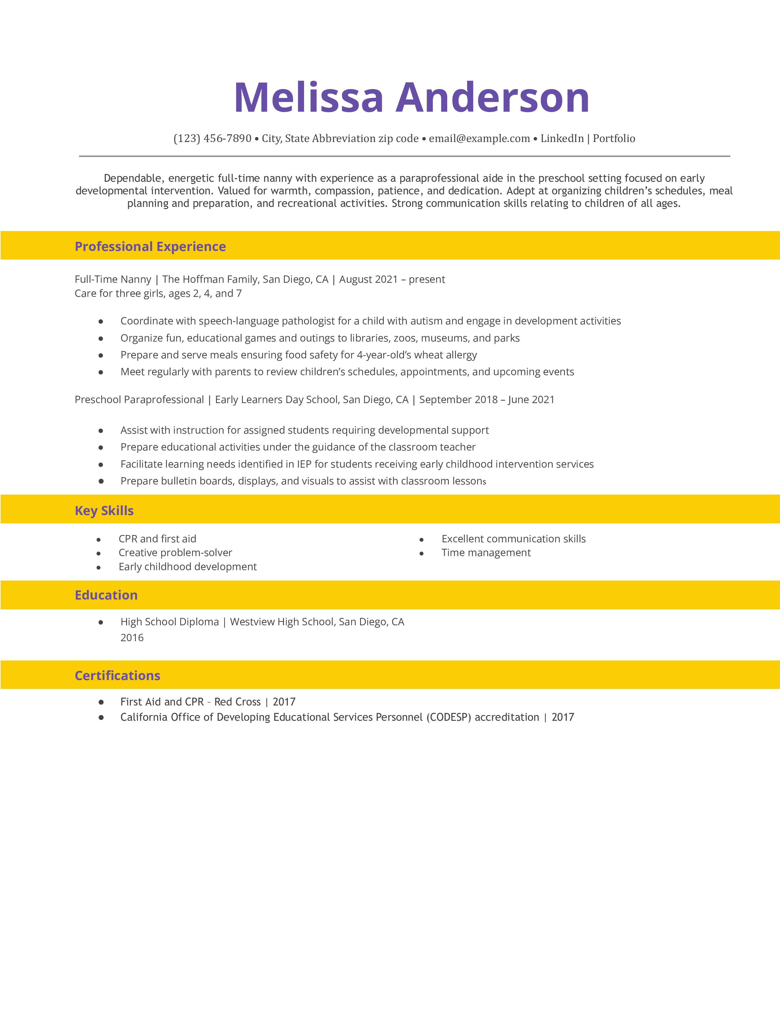 ATS Friendly Nanny Resume Template Example (file _ make a copy)