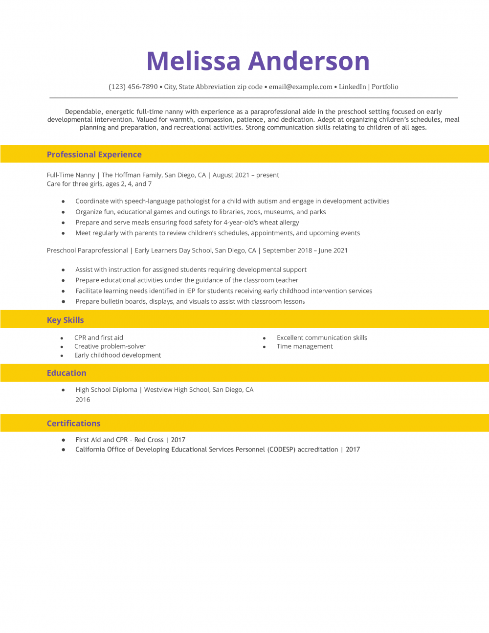 ATS Friendly Nanny Resume Template Example (file _ make a copy)