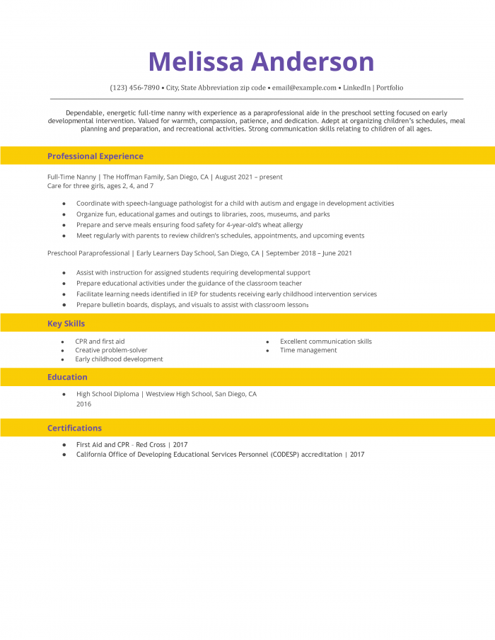 ATS Friendly Nanny Resume Template Example (file _ make a copy)