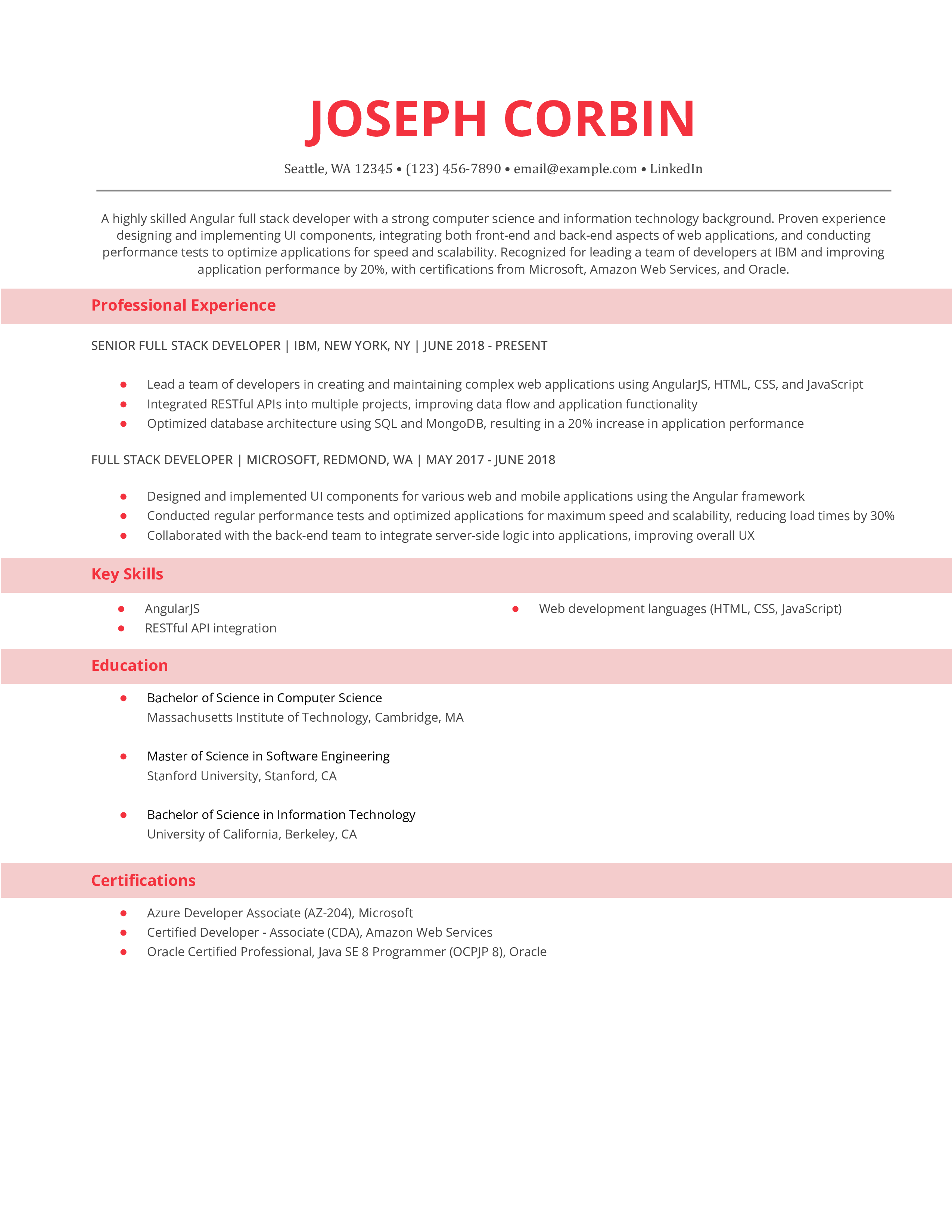 Angular Full Stack Developer Resume Example