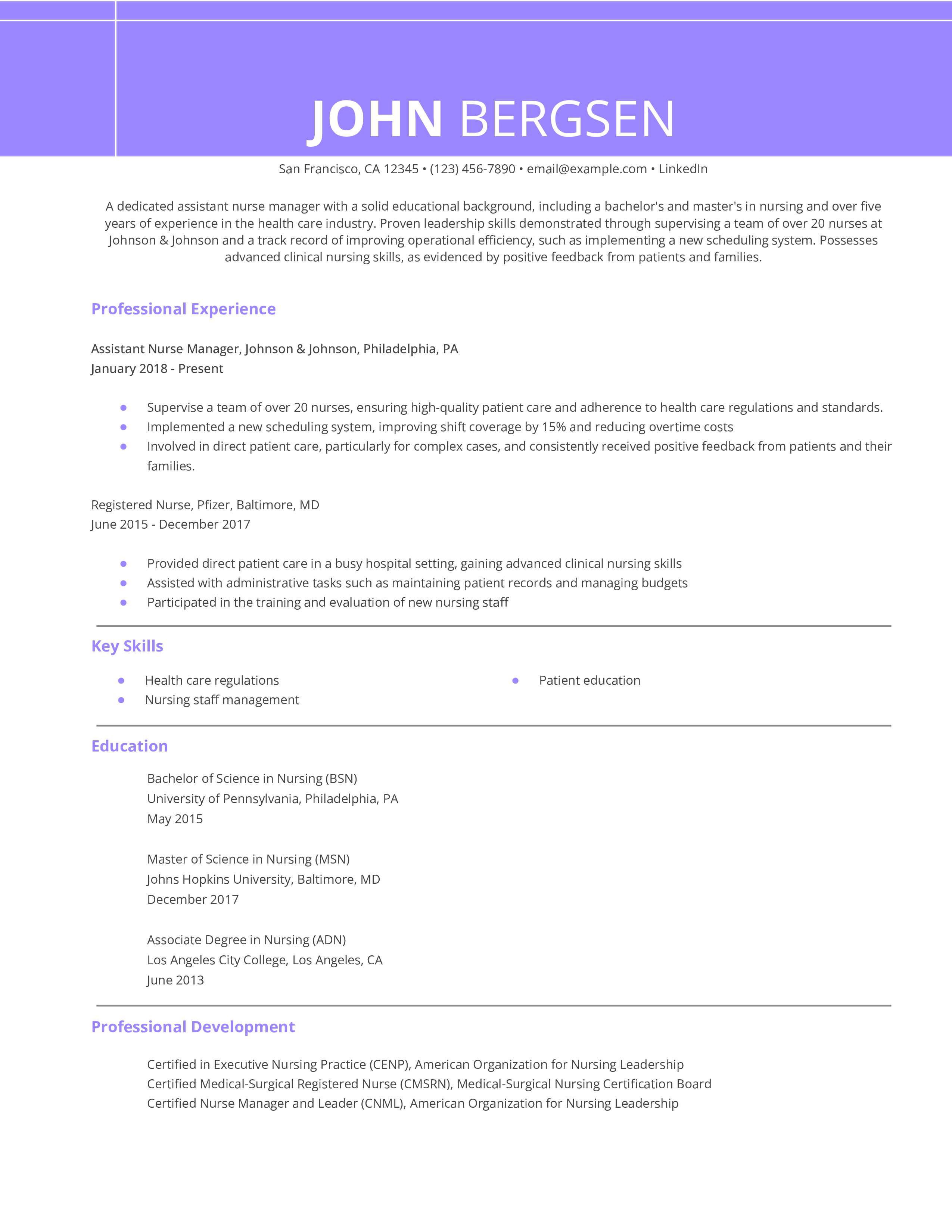 Assistant Nurse Manager Resume Example