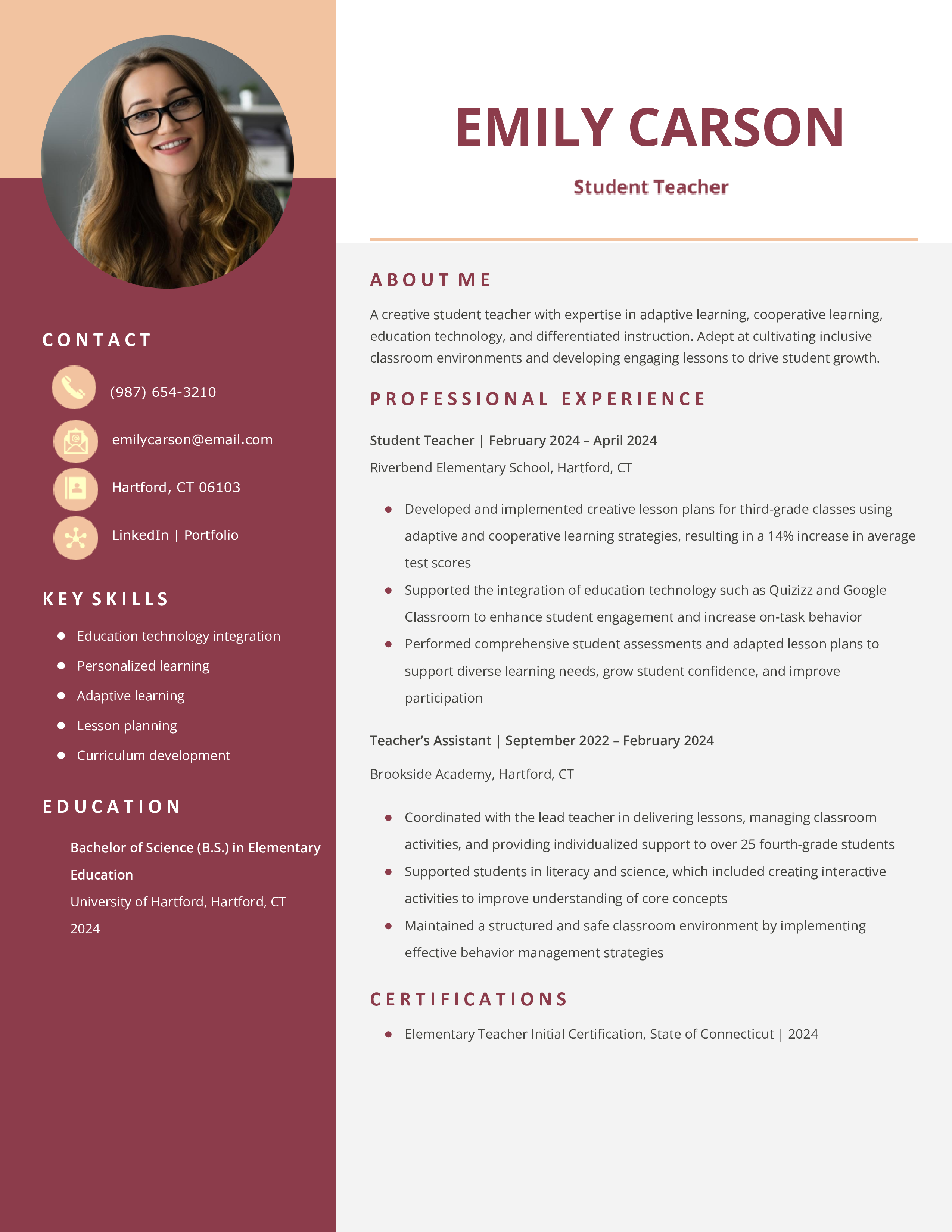 Beginner Student Teacher Resume Example