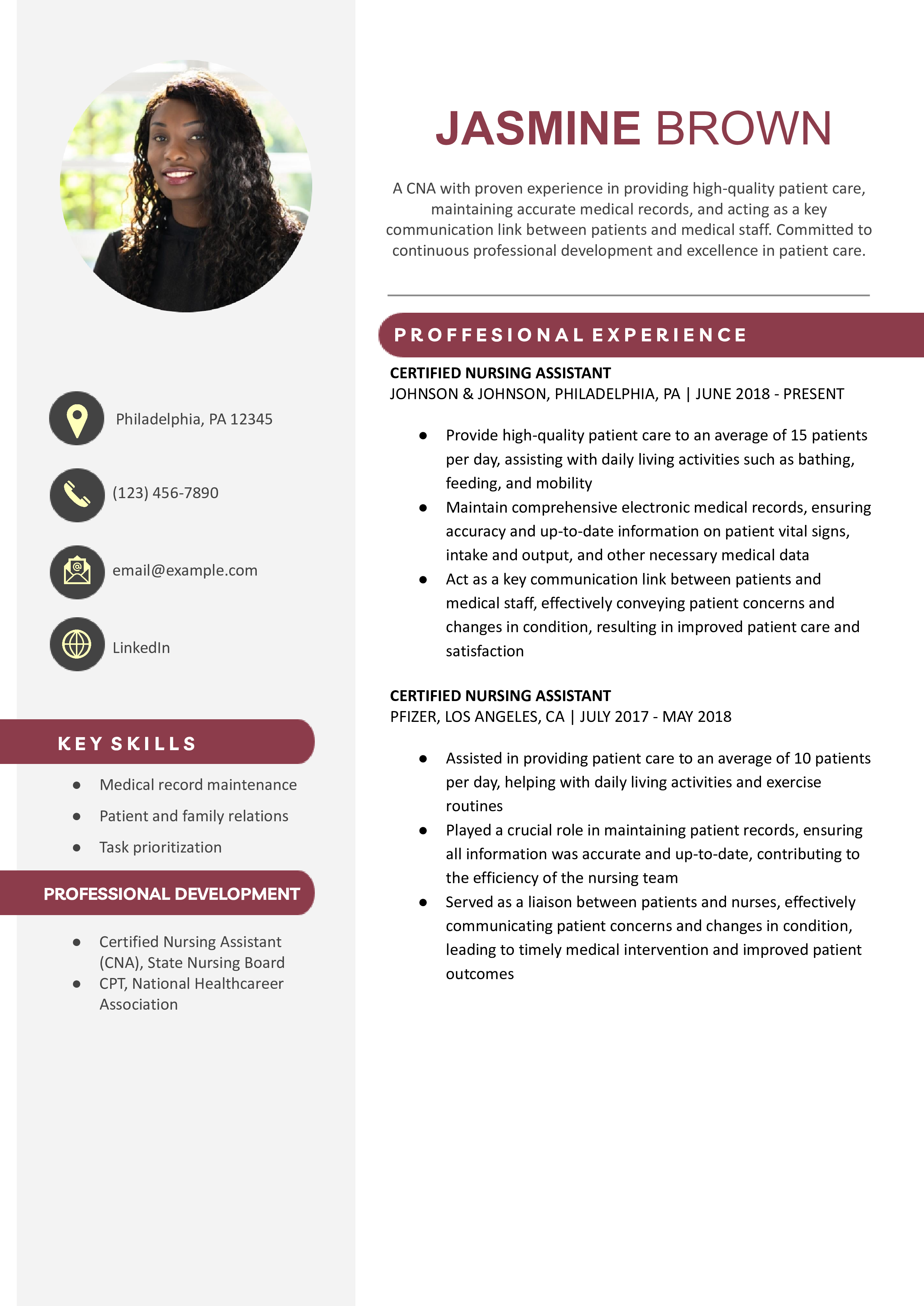 Certified Nursing Assistant Resume Example