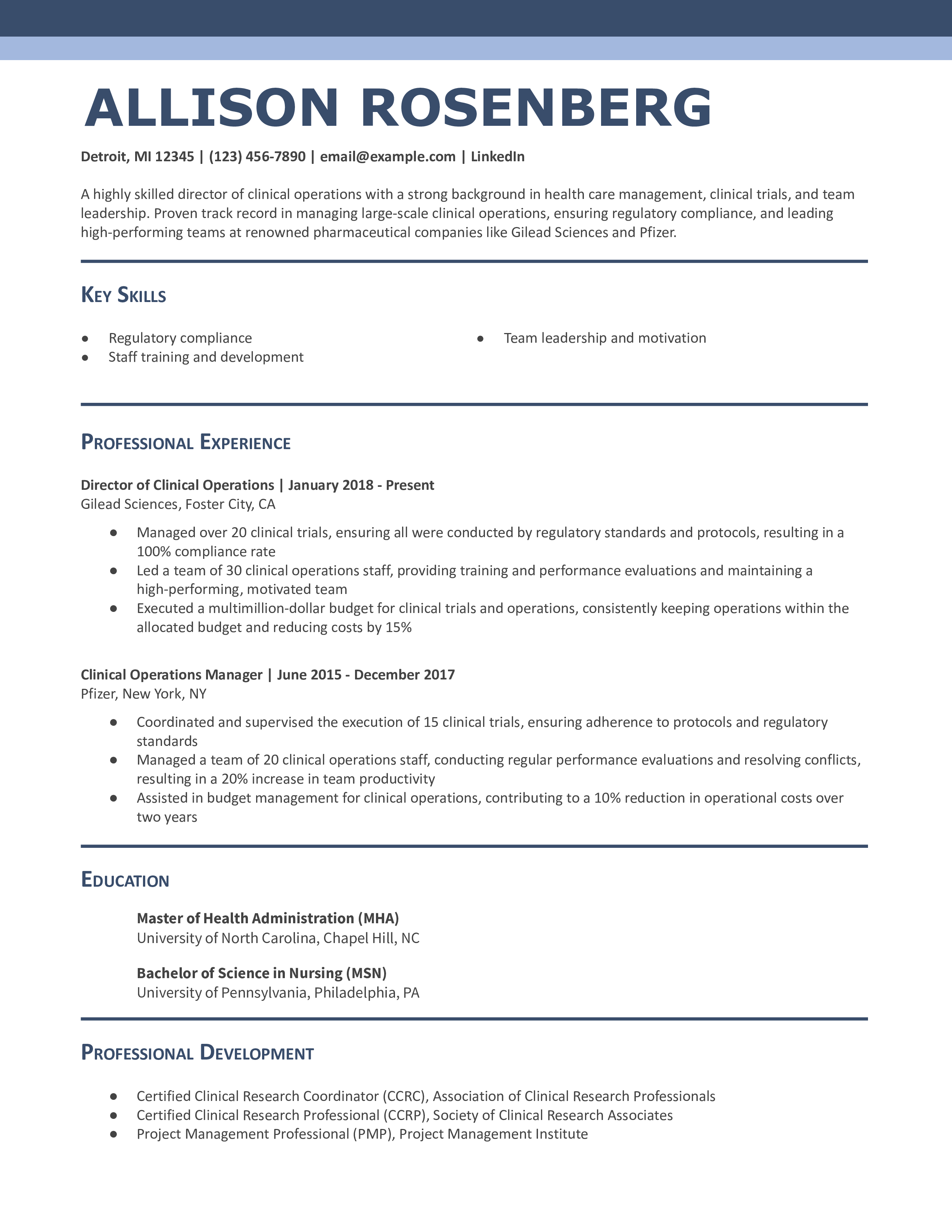 Director of Clinical Operations Resume Example