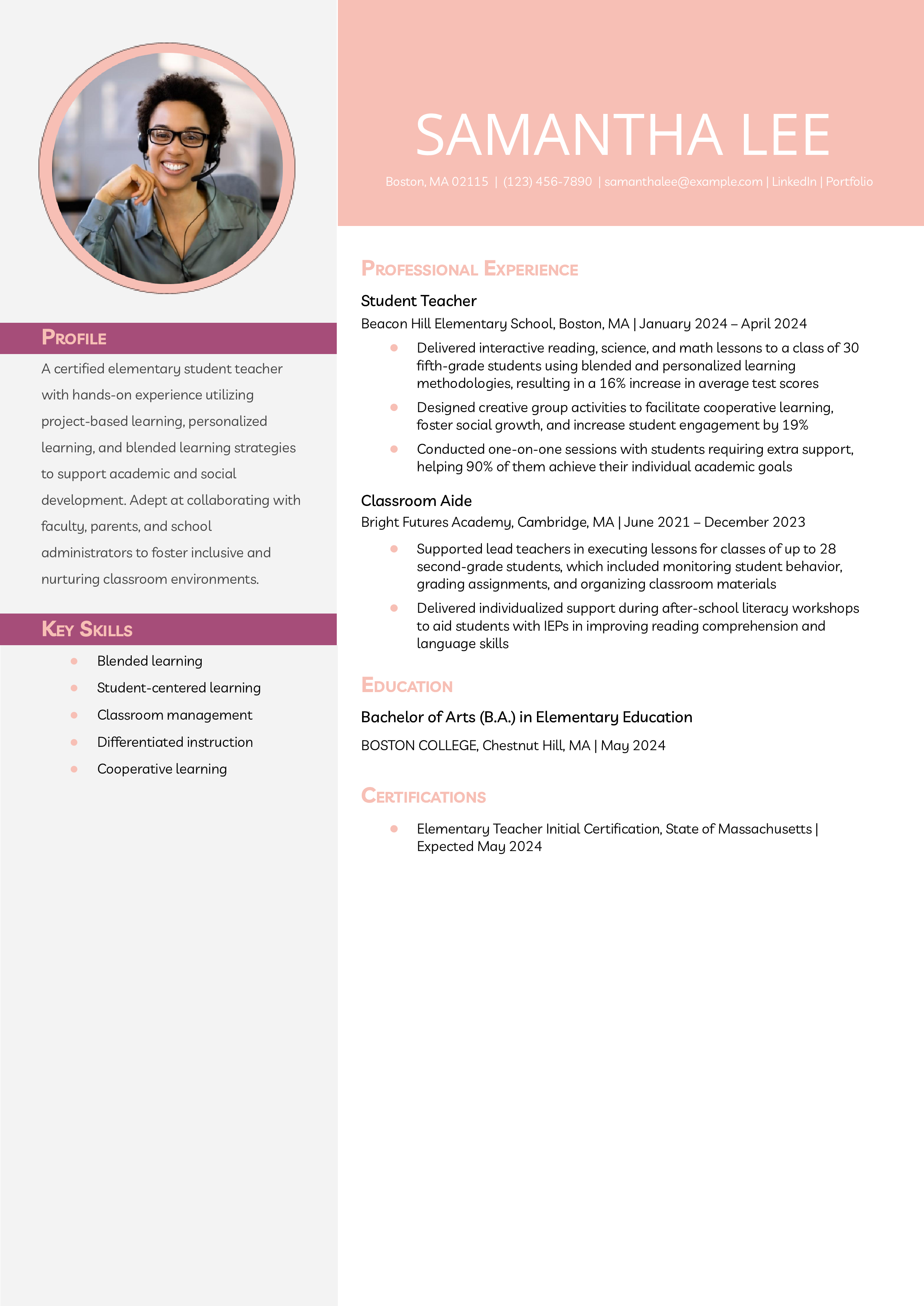 Elementary Student Teacher Resume Example