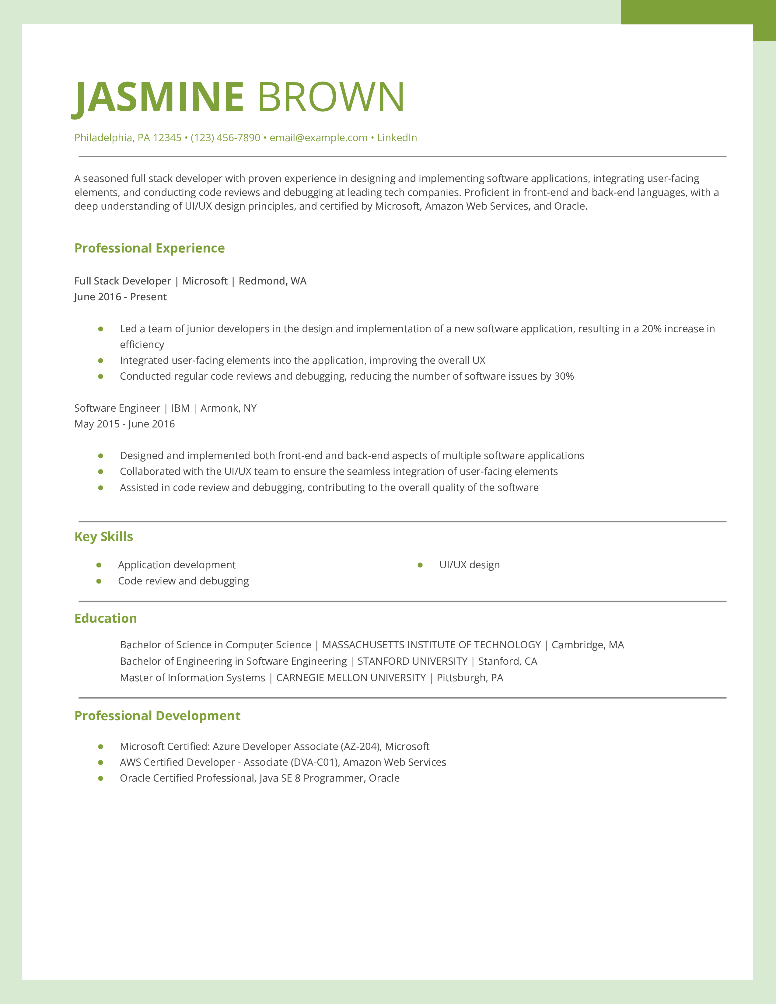 Full Stack Developer Resume Example