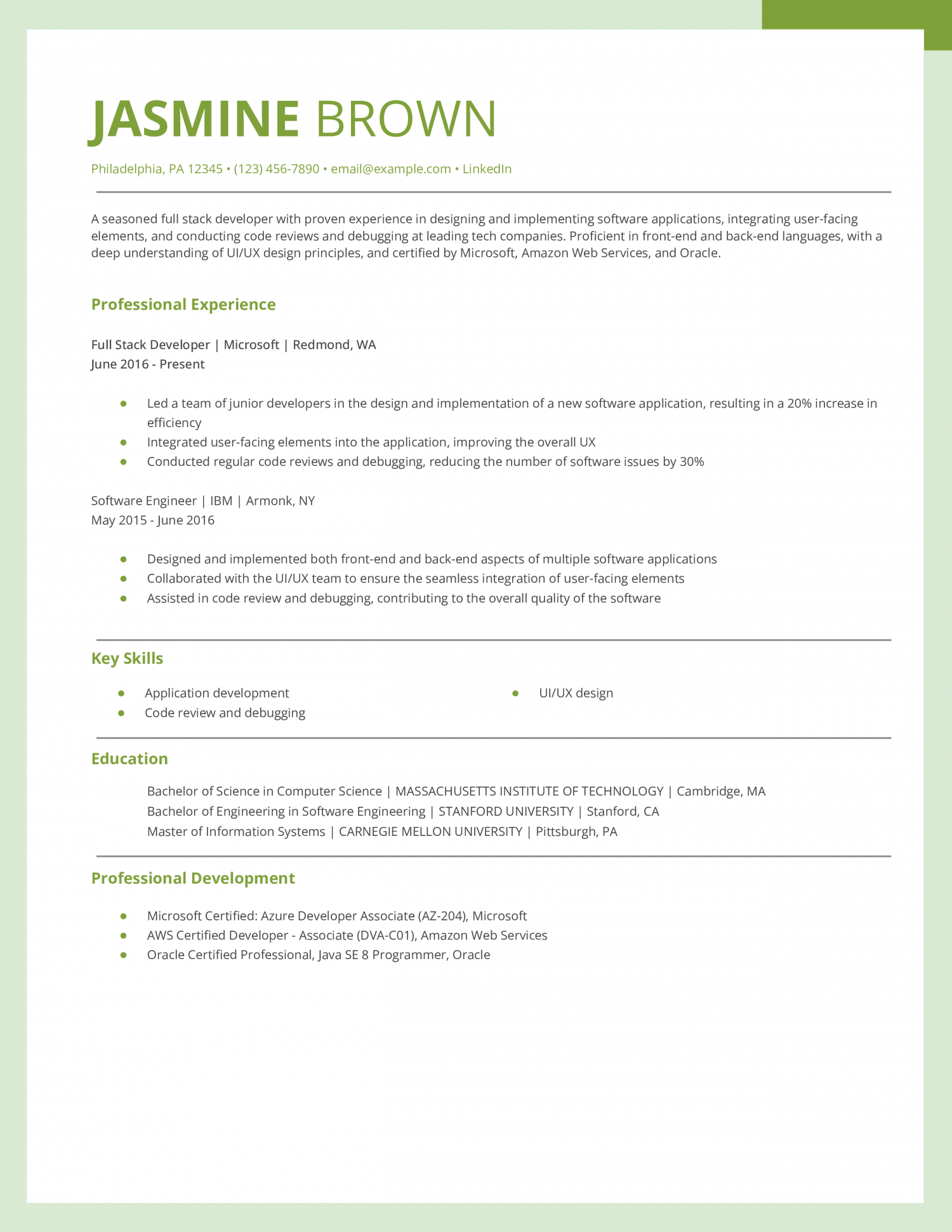 Full Stack Developer Resume Example