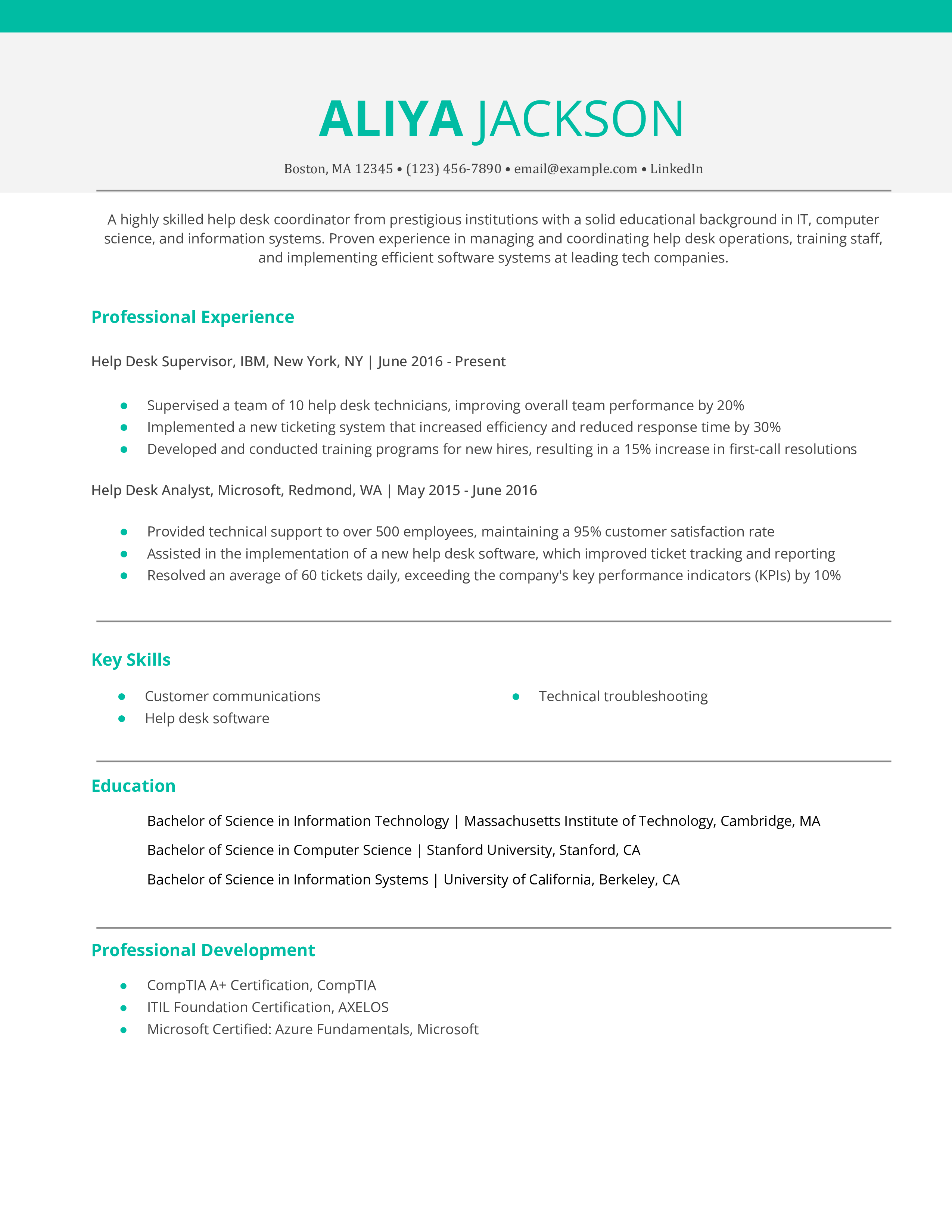 Help Desk Coordinator Resume Example