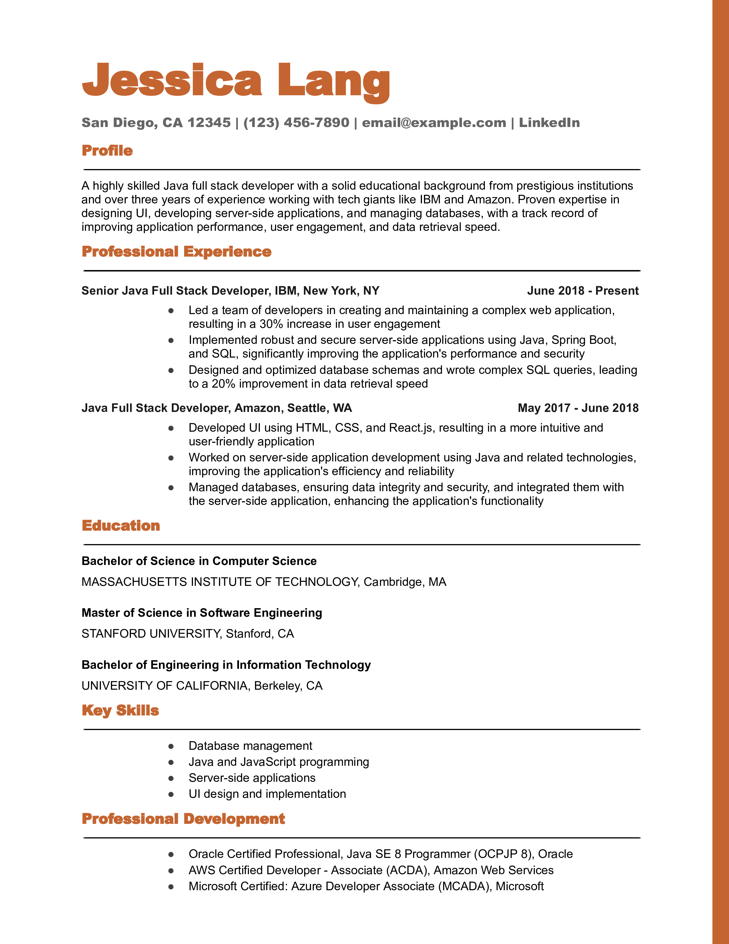 Java Full Stack Developer Resume Example