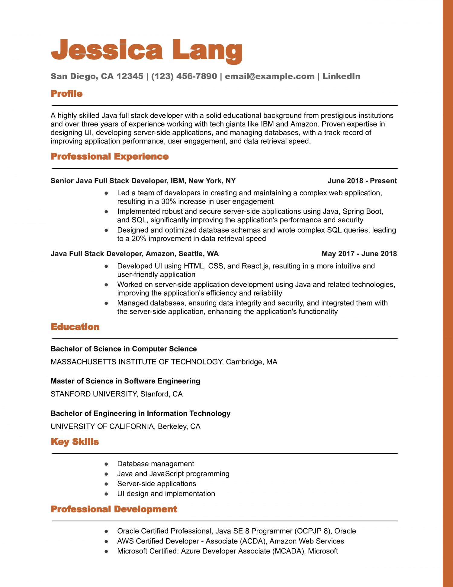 Java Full Stack Developer Resume Example