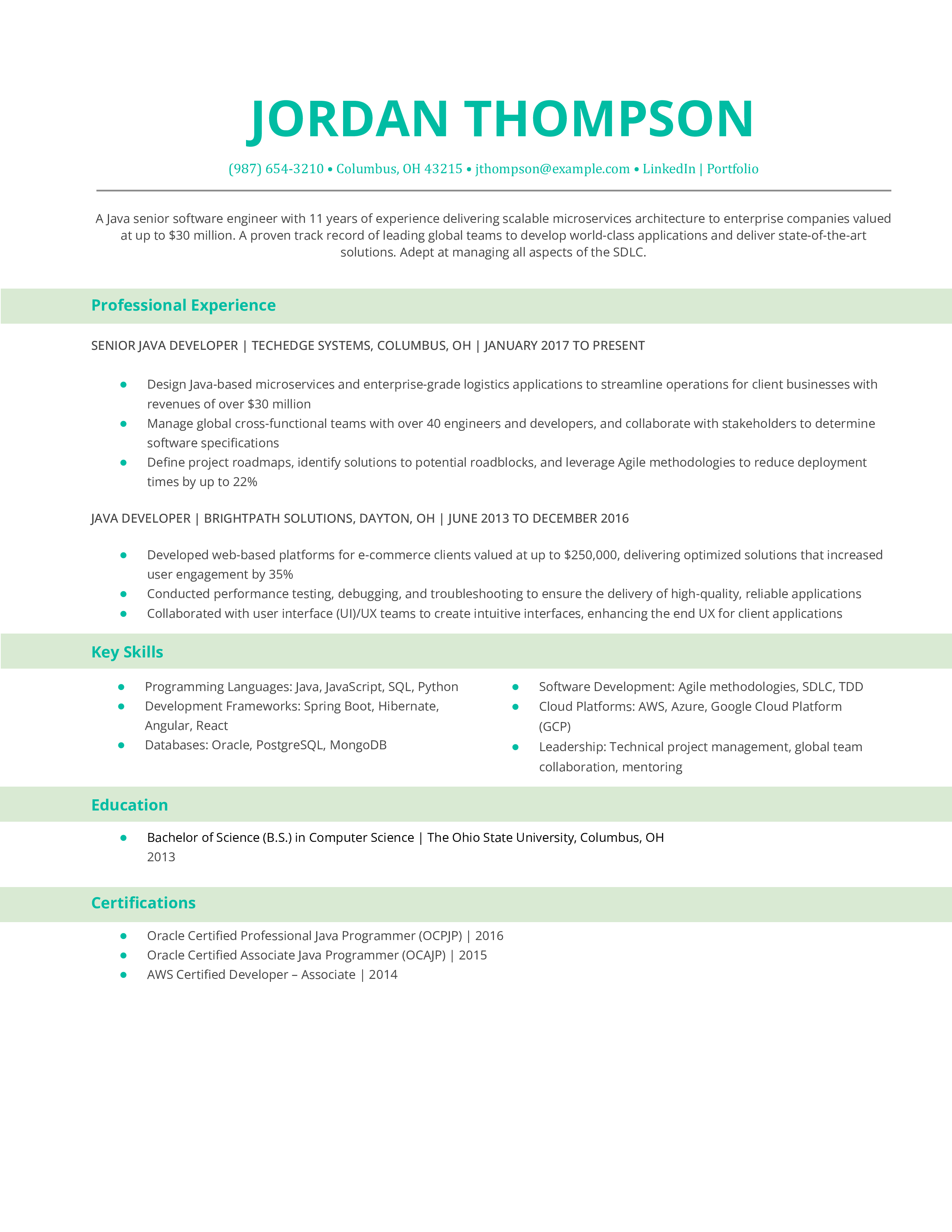 Java Senior Software Engineer Resume Example