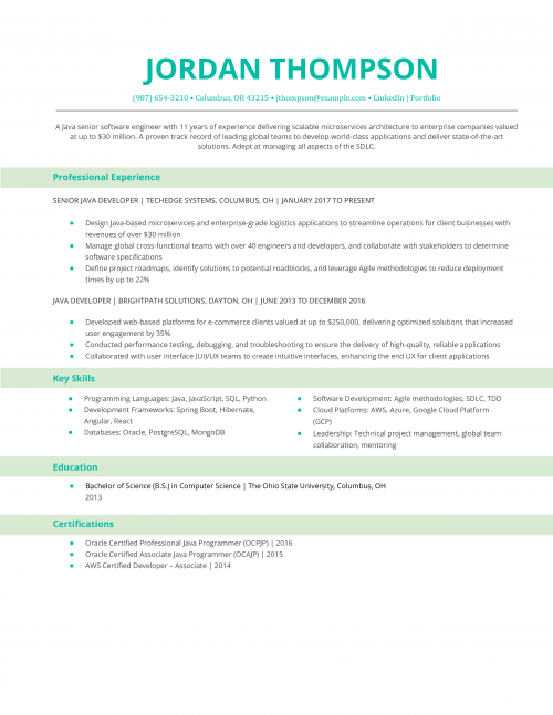 Java Senior Software Engineer Resume Example