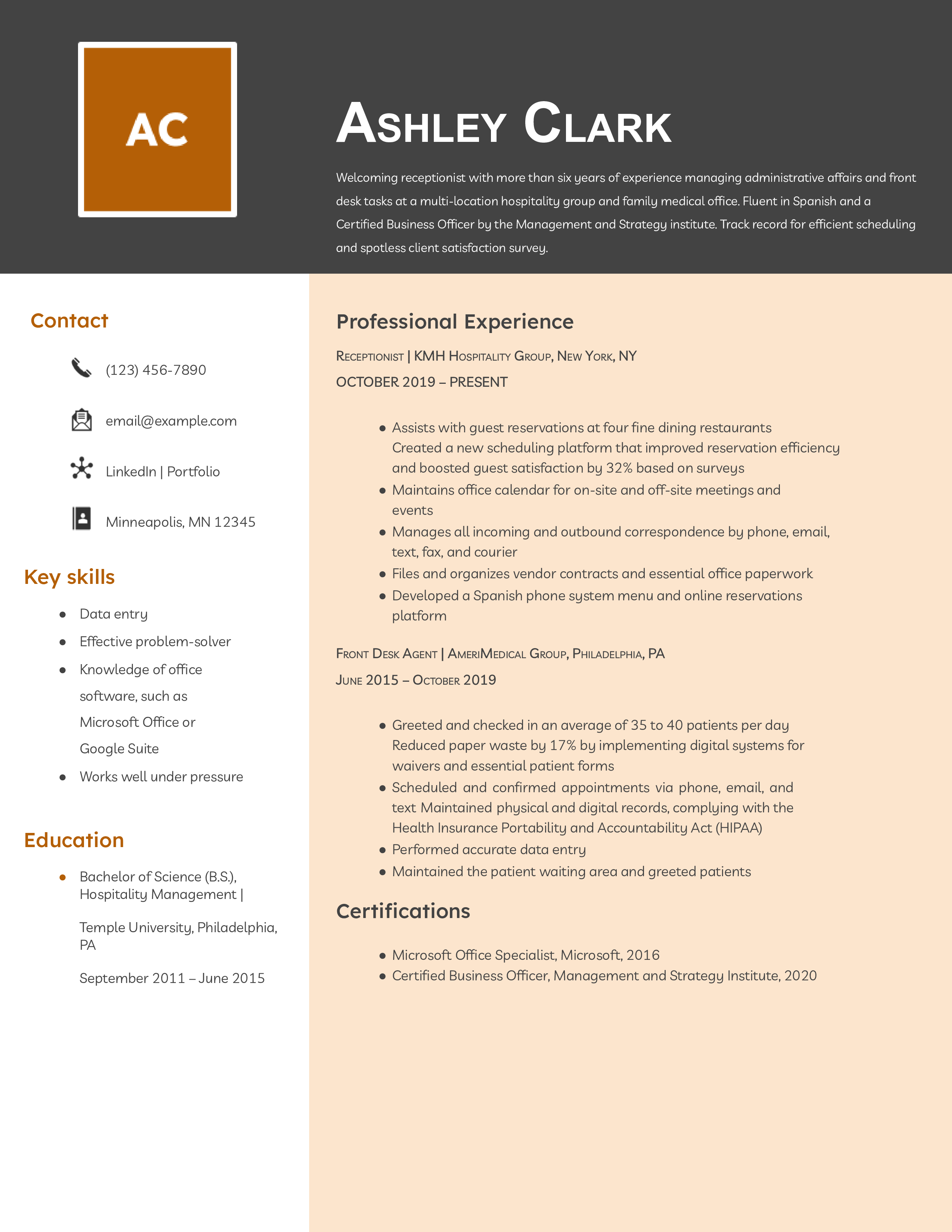 Entry Level Receptionist Resume Sample