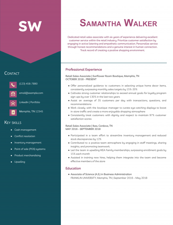 Mid Level Retail Sales Associate Resume Sample