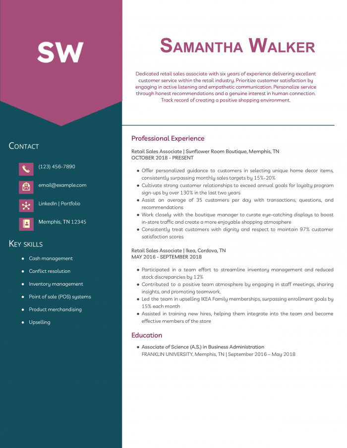 Mid Level Retail Sales Associate Resume Sample