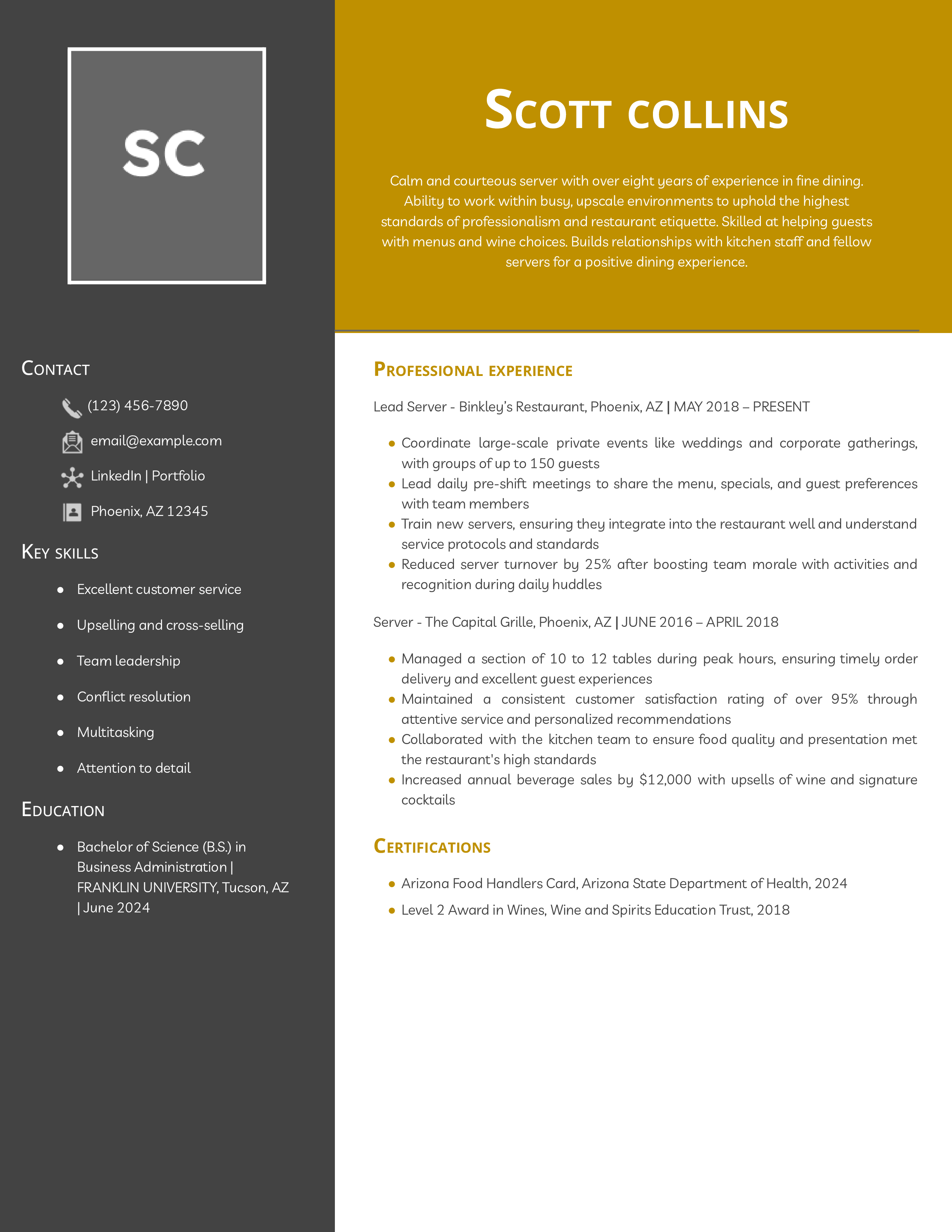 Mid Level Server Resume Template Example (file _ make a copy)