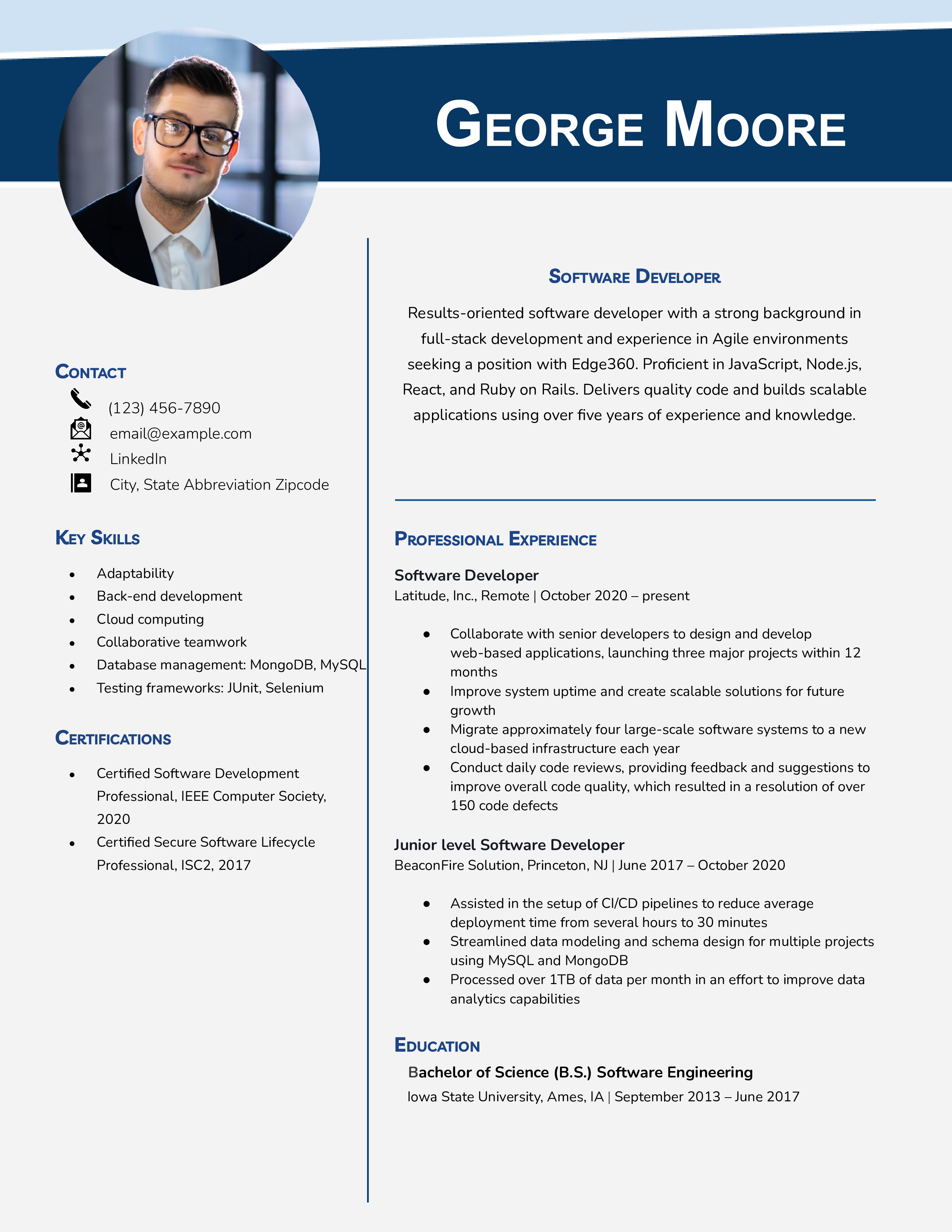 Mid Level Software Developer Resume Sample